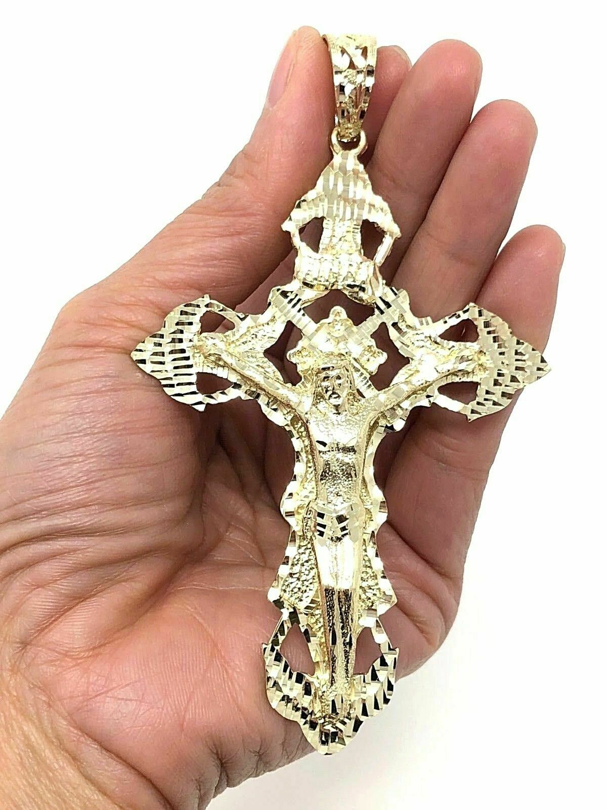 14k Yellow Gold Religious INRI Jesus Christ 3D Big Cross Pendant 4.25" 31.2grams - Yellow