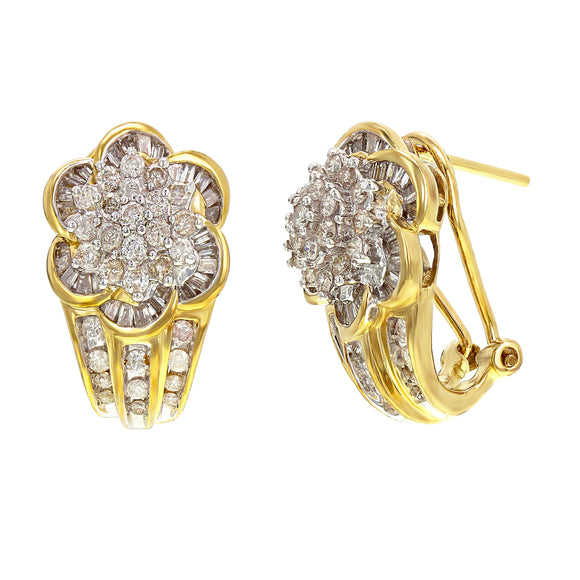 10k Yellow Gold 2.40ctw Diamond Flower Cluster J-Hoop Curve Drop Earrings