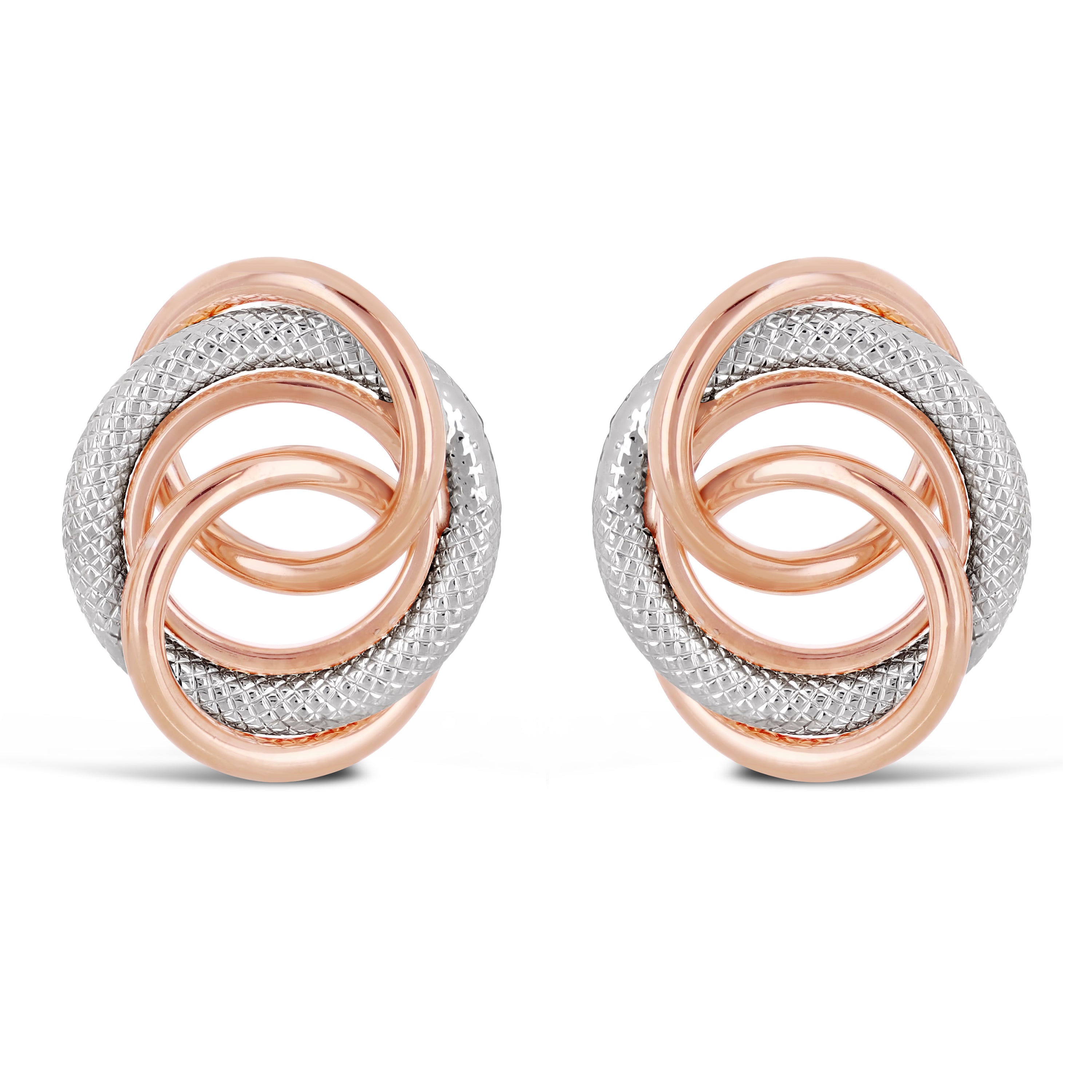 Italian 14k White & Rose Gold Multiple Eternity Circle Love Knot Stud Earrings - White and Rose