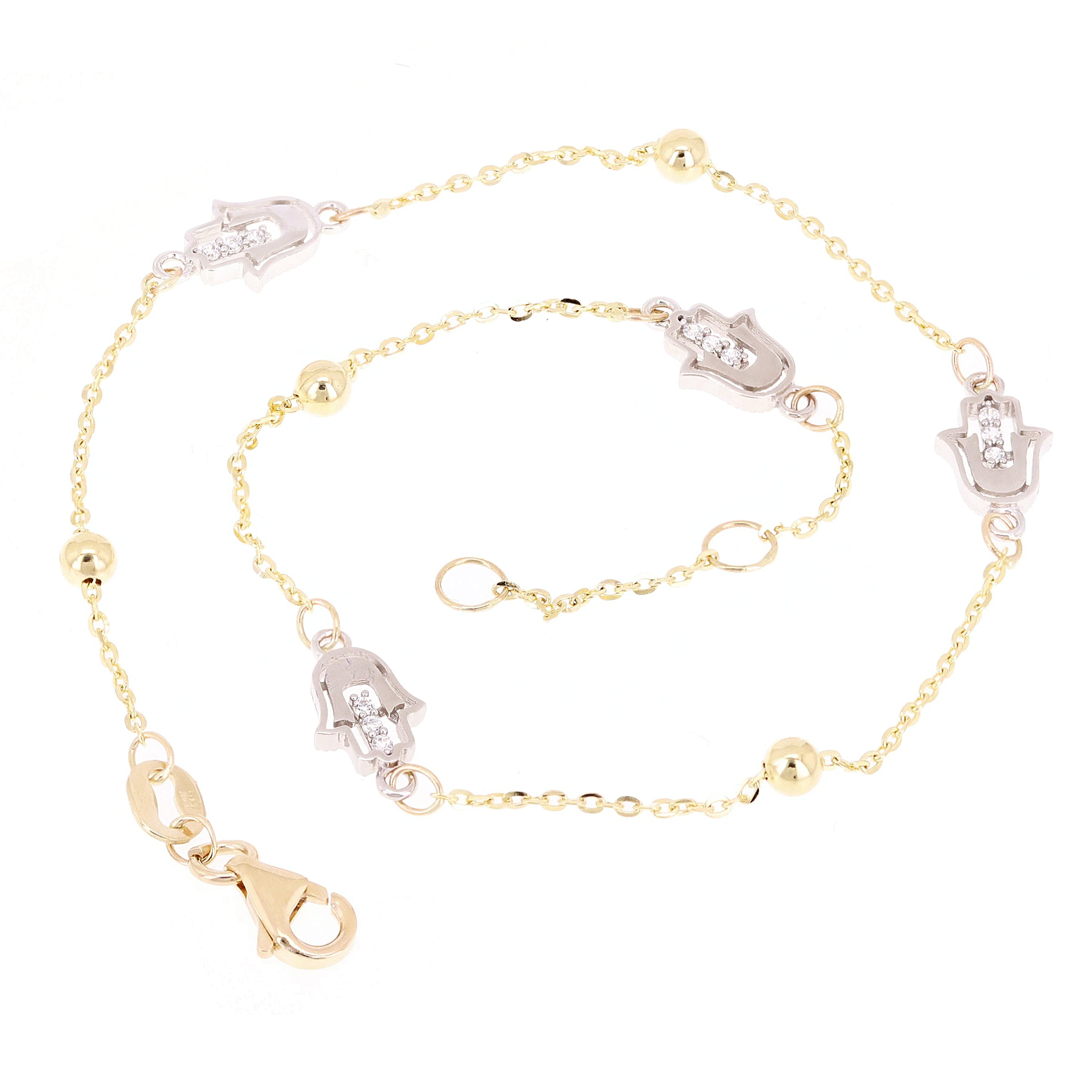 Italian 14k Yellow & White Gold Hand of Fatima Station Anklet Bracelet 10" 2.6g