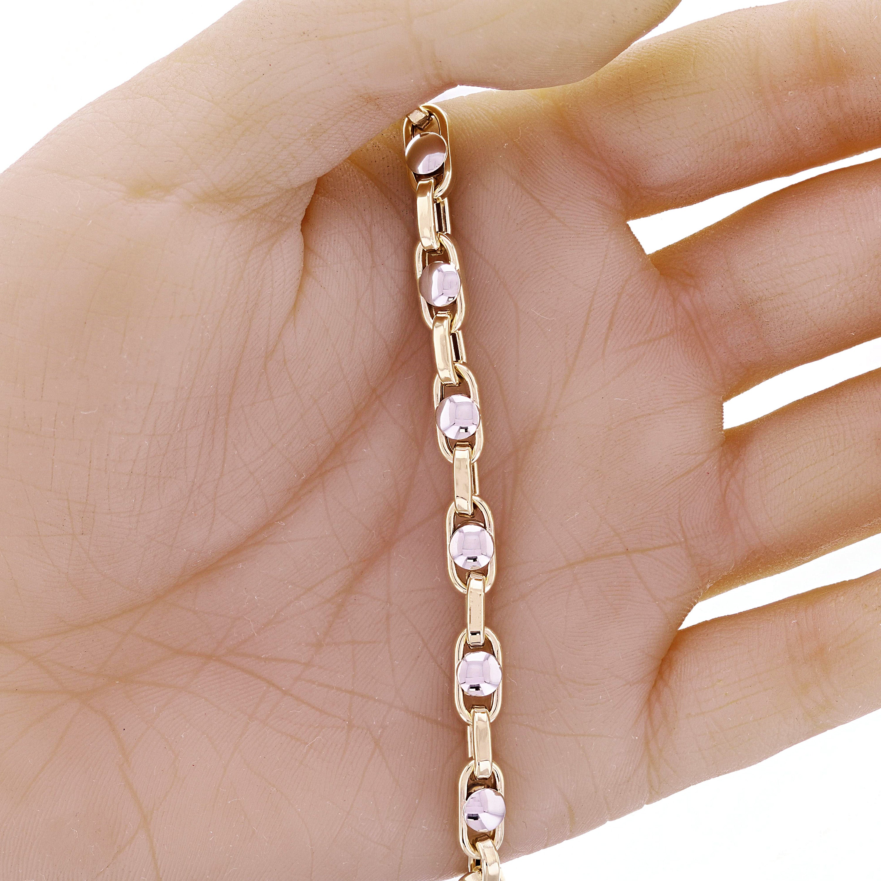 Italian 14k Yellow & White Gold Ovall Round Beads Links Bracelet 8.5" 5.5mm 8.4g