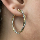 Italian 14k Yellow & White Gold Lattice Design Twisted Hollow Hoop Earrings 1.3"