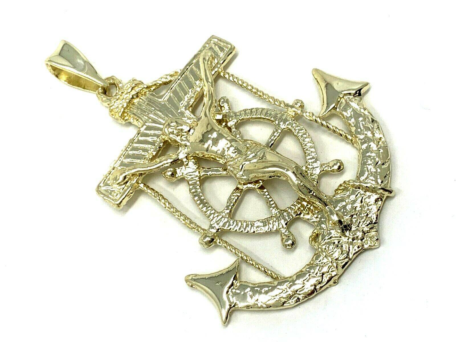 10k Yellow Gold Jesus Crucifix Anchor Wheel Cross Mariner Pendant 2.4" 14 grams