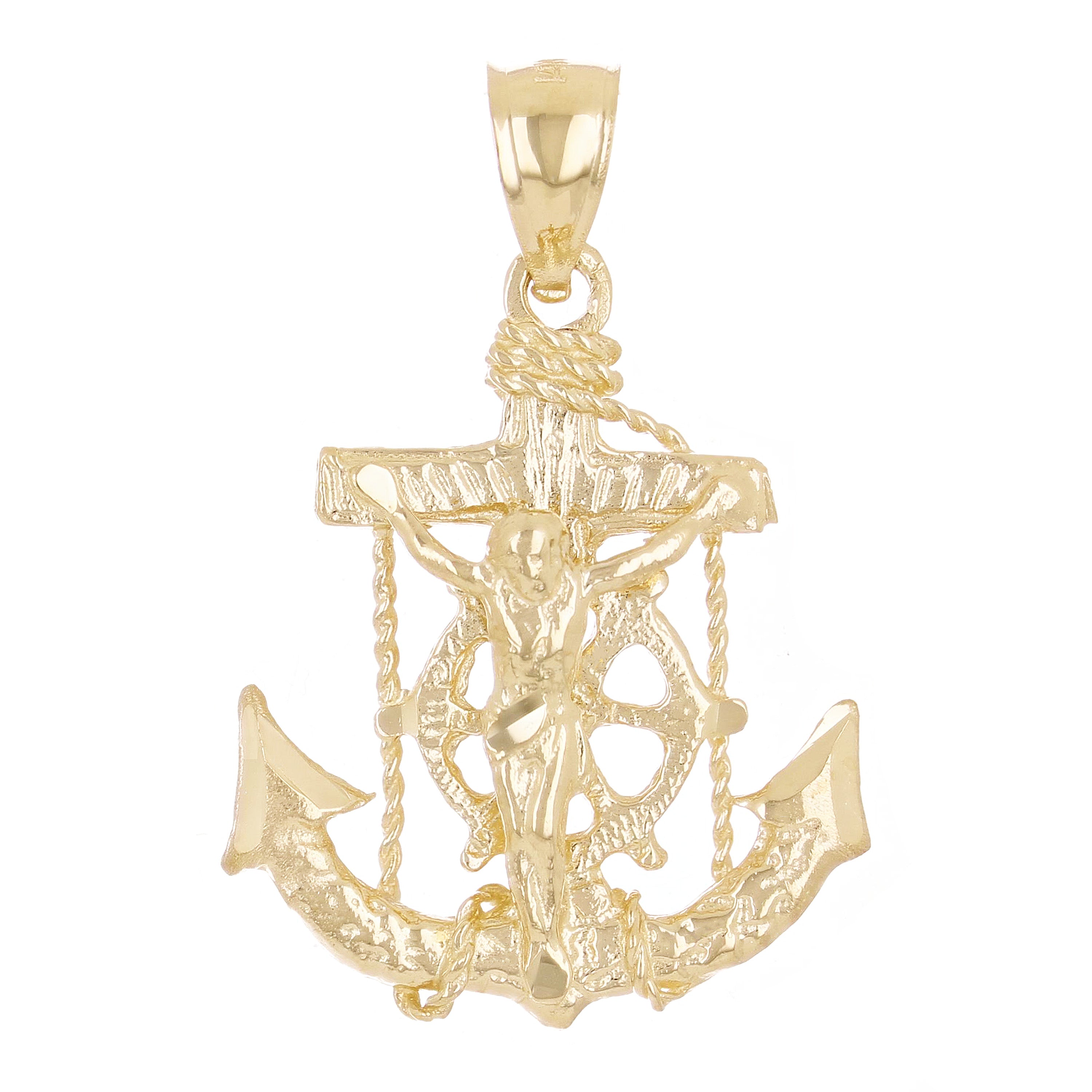 14k Yellow Gold Jesus Christ  Cross Anchor Ship Mariners Pendant 1.2" 3.2 grams