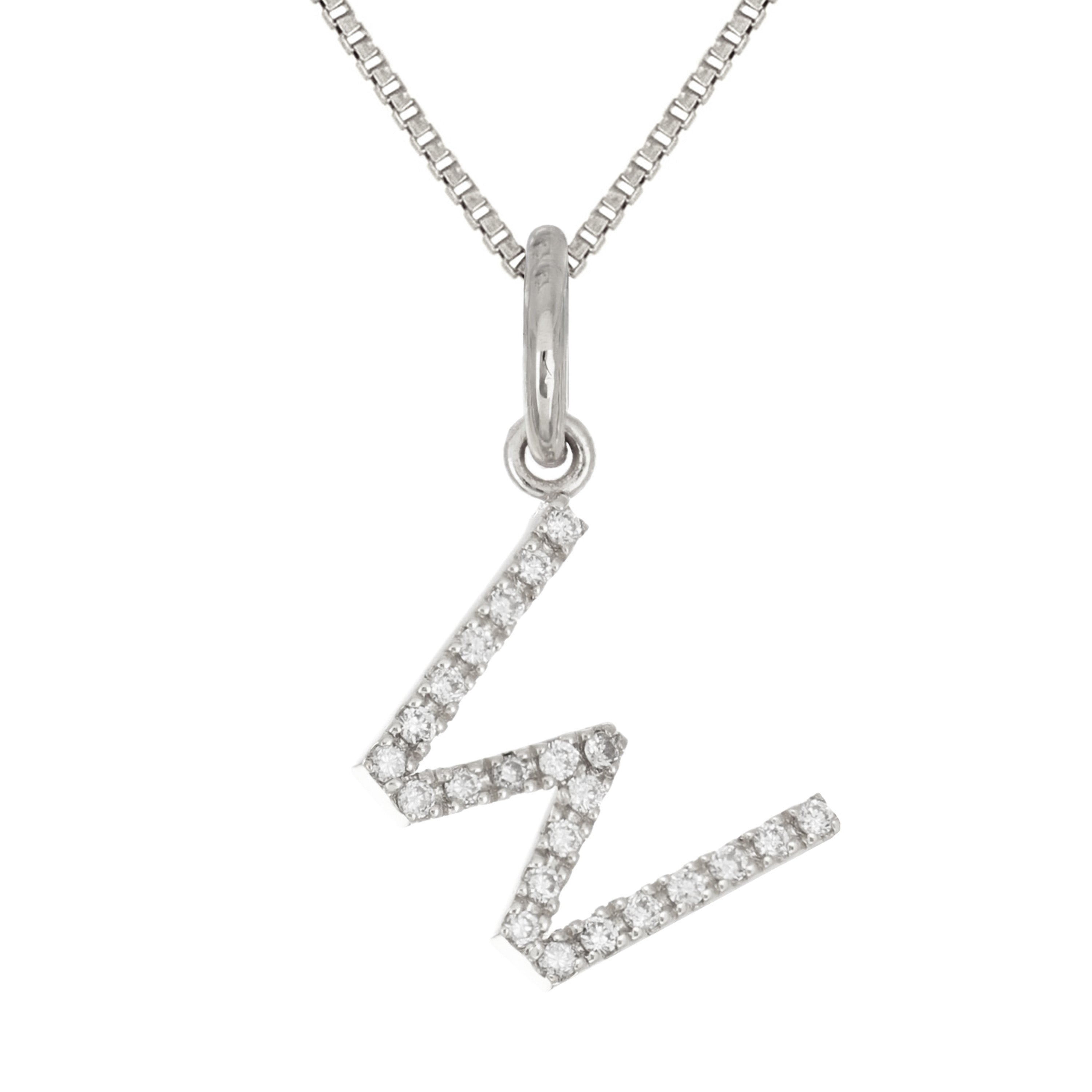 14k White Gold Diamond Initial Letter W Charm Pendant Necklace 18" - Letter W,White