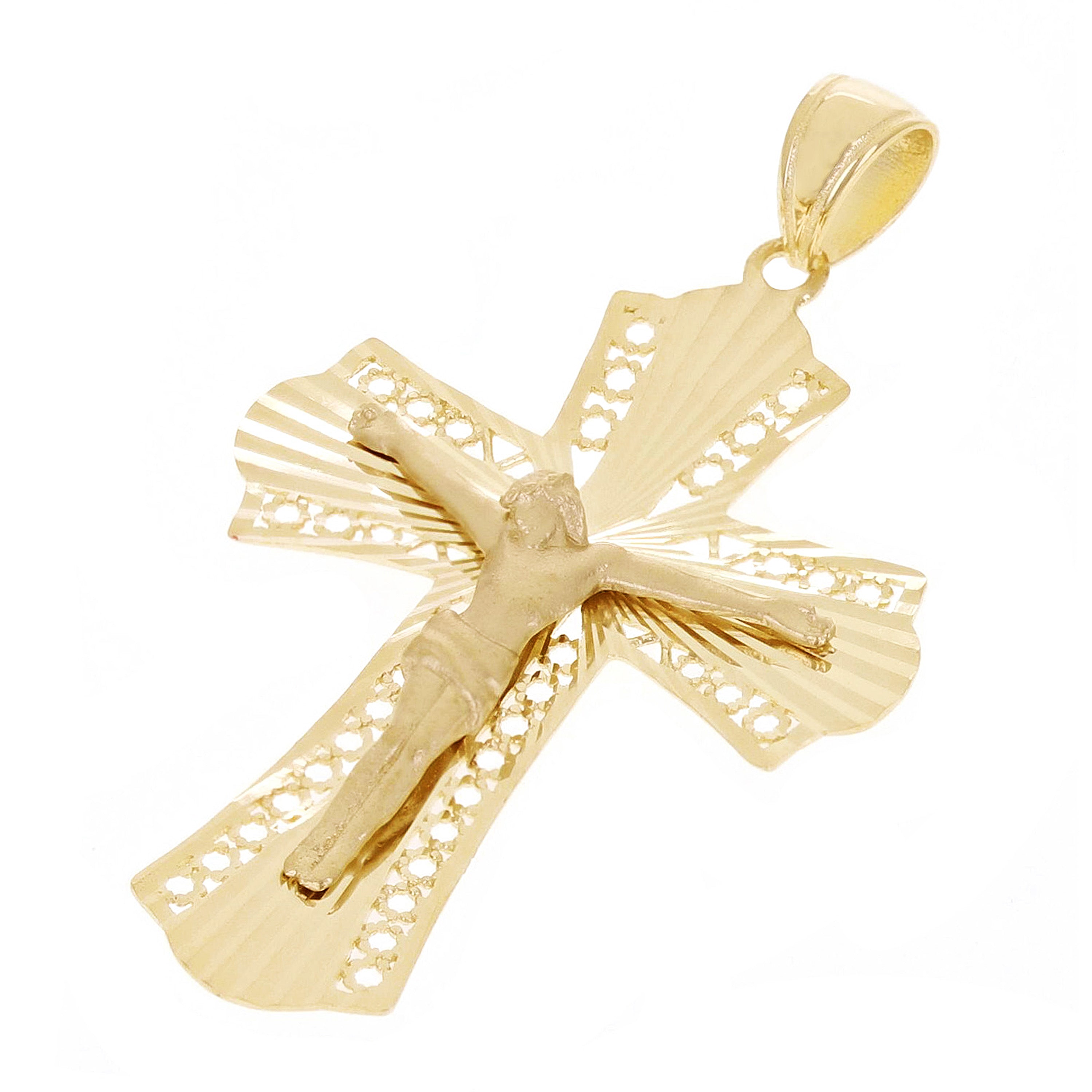 Italian 14k Yellow Gold Filigree Crucifix Cross Charm Pendant 1.7" 3 grams - Yellow