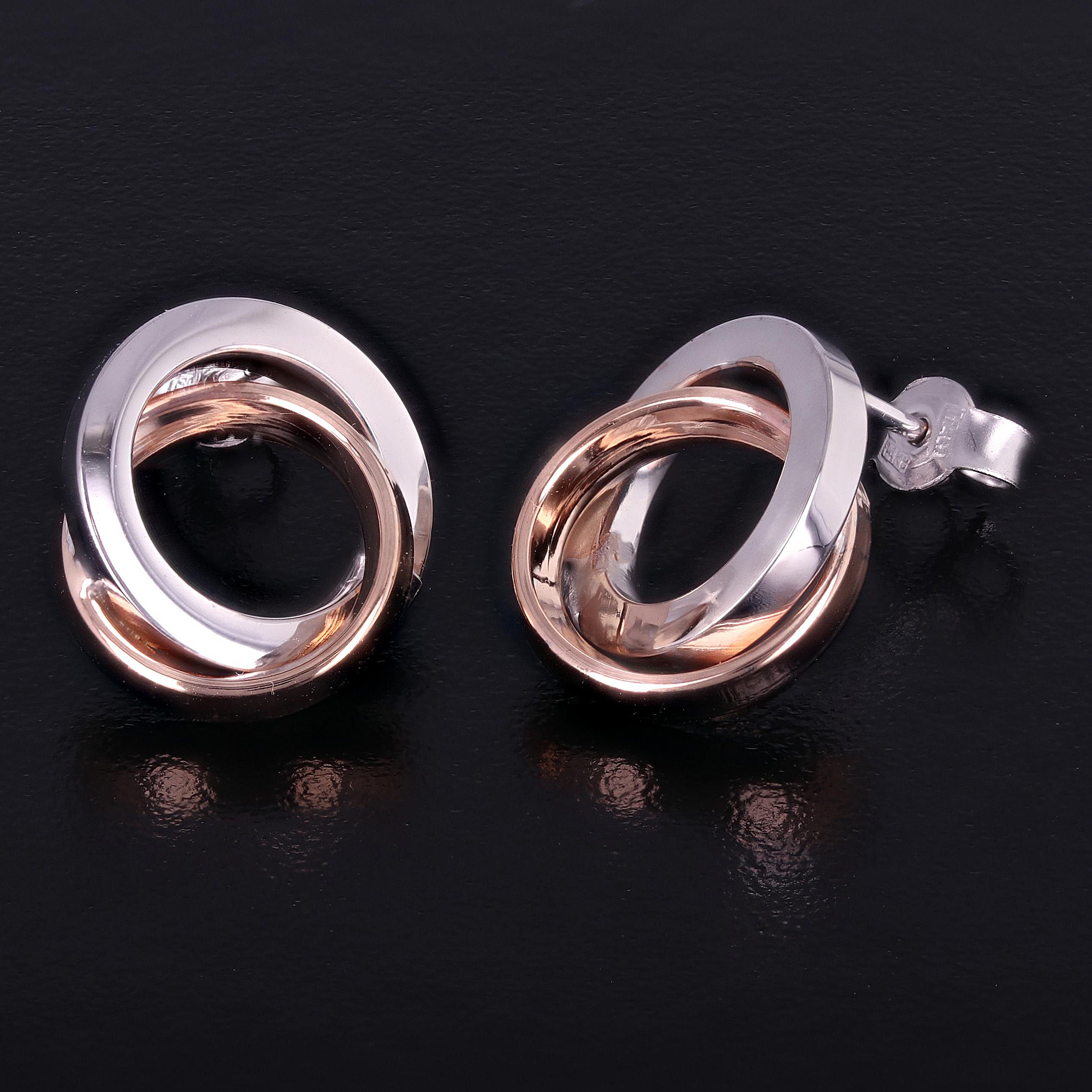 Italian 14k White & Rose Gold Shiny Tubular Double Eternity Circle Stud Earrings - Square Tubular