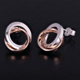 Italian 14k White & Rose Gold Shiny Tubular Double Eternity Circle Stud Earrings - Square Tubular