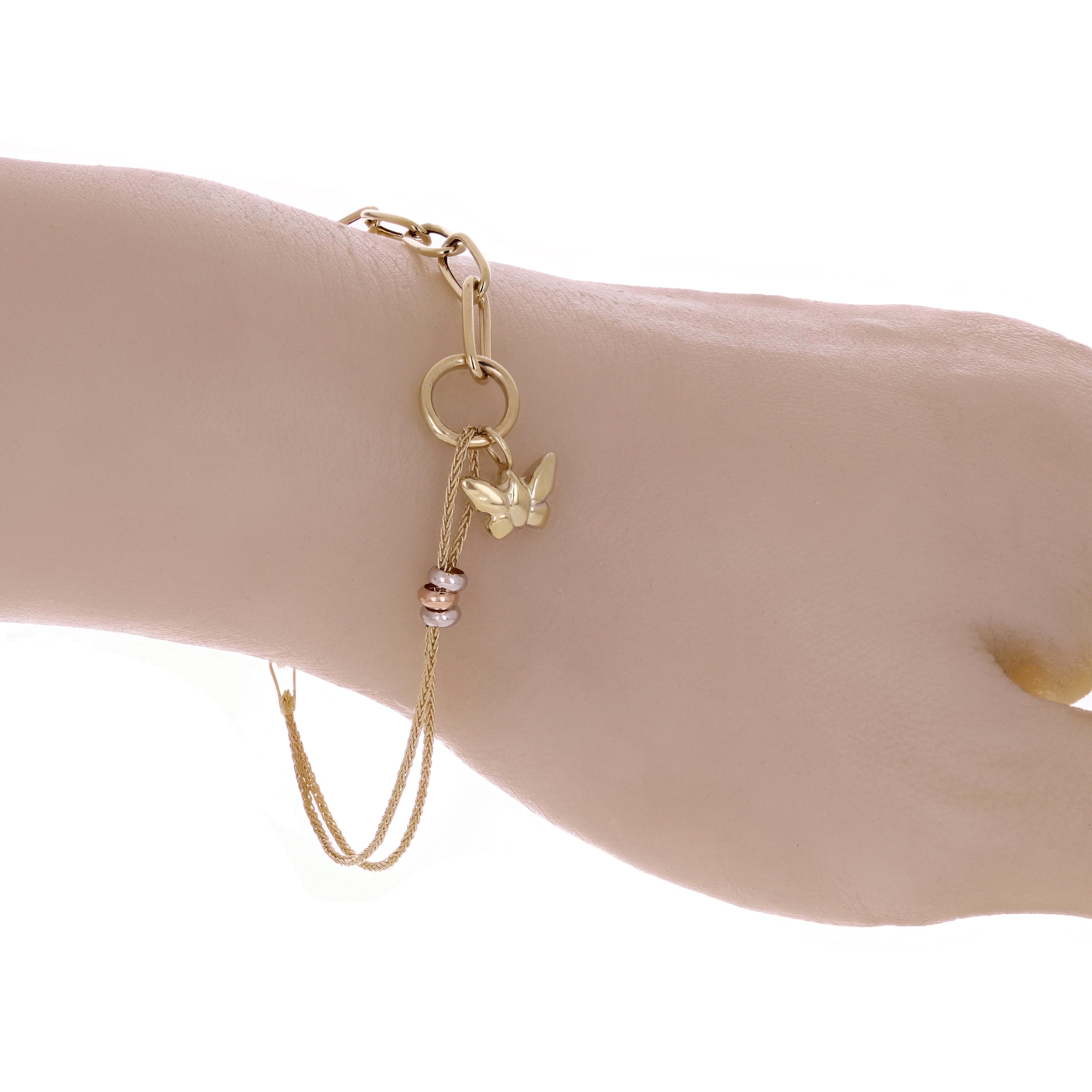 Italian 14k Tri-Color Gold Butterfly Charm Bracelet 7.5" 3 grams
