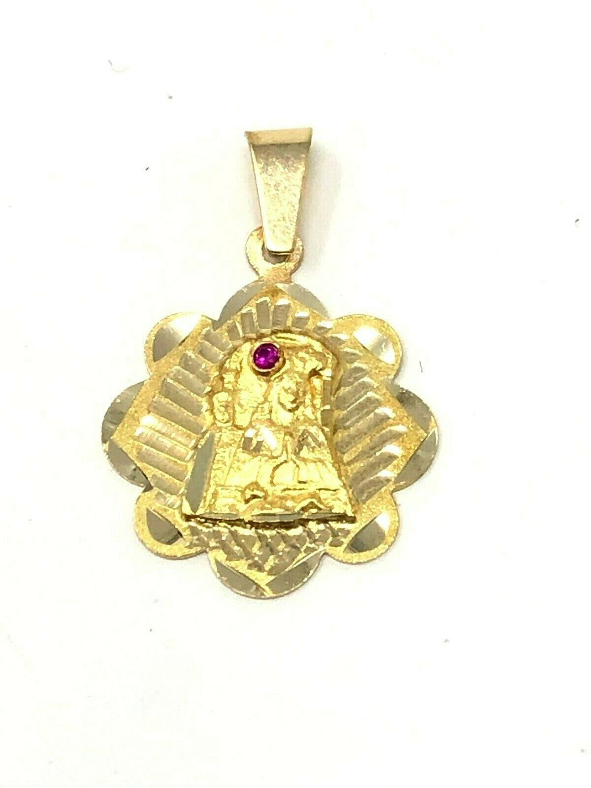14k Yellow Gold Embossed Mother Mary Charm Pendant with Ruby Gemstone 1" 2 grams