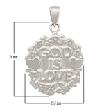 14k White Gold Solid GOD IS LOVE Heart & Flowers Charm Pendant 1.2" 4.9grams - White