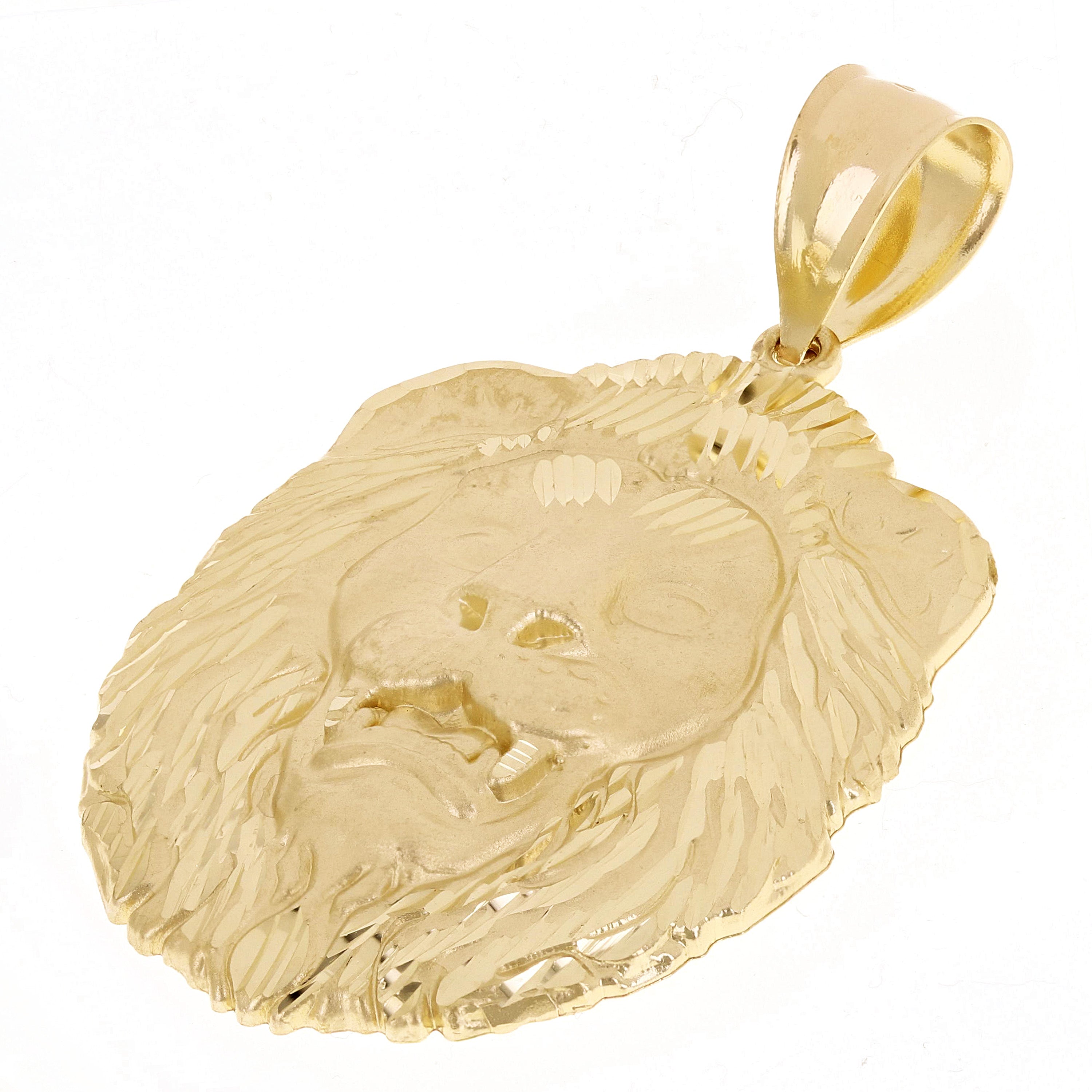14k Yellow Gold Solid Diamond Cut Roaring Lion Head Face Pendant 2.3" 9.5 grams - Large
