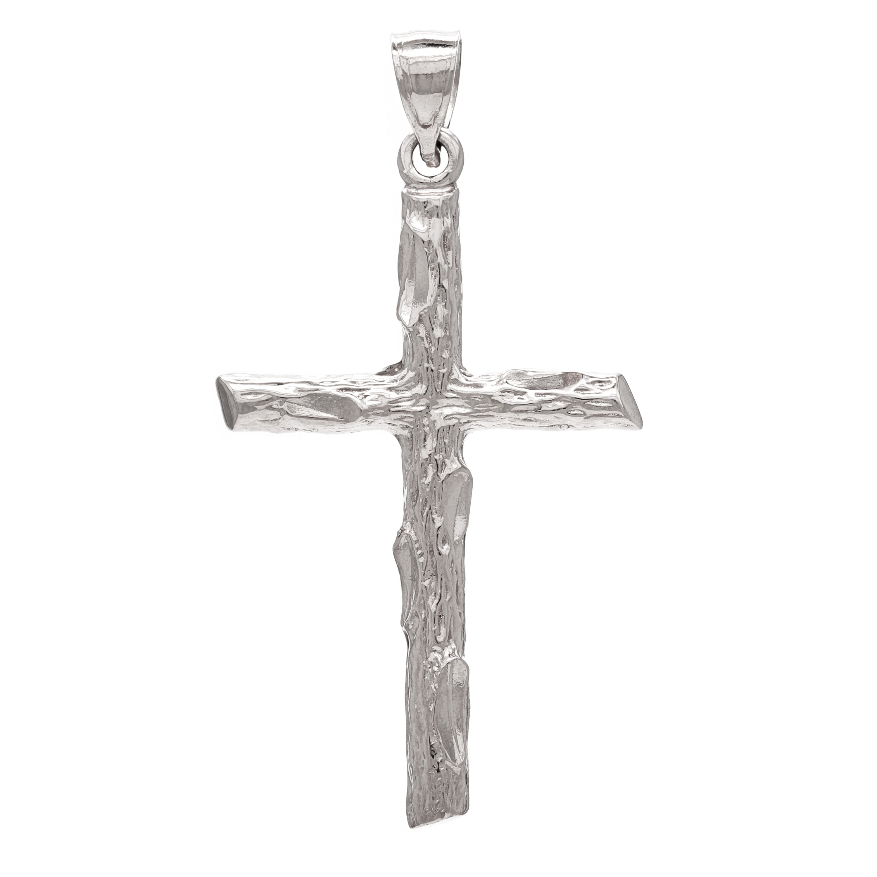 14k White Gold Religious Wood Bark Tree Trunk Cross Charm Pendant 2.6grams - White