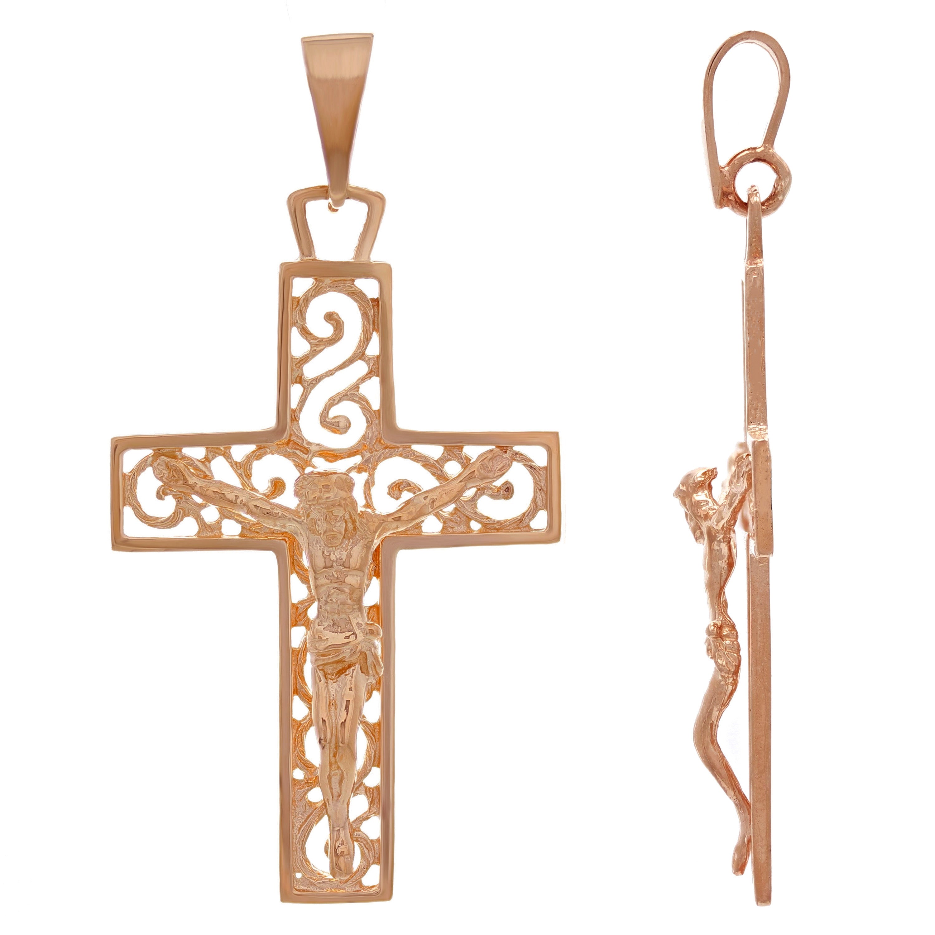 14k Rose Gold Jesus Christ Crucifix Cross Religious Charm Pendant 2" 5.2 grams - Rose