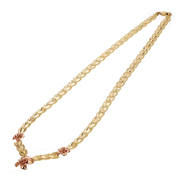 14k Yellow & Rose Gold Leaf Link Necklace with Flowers 17