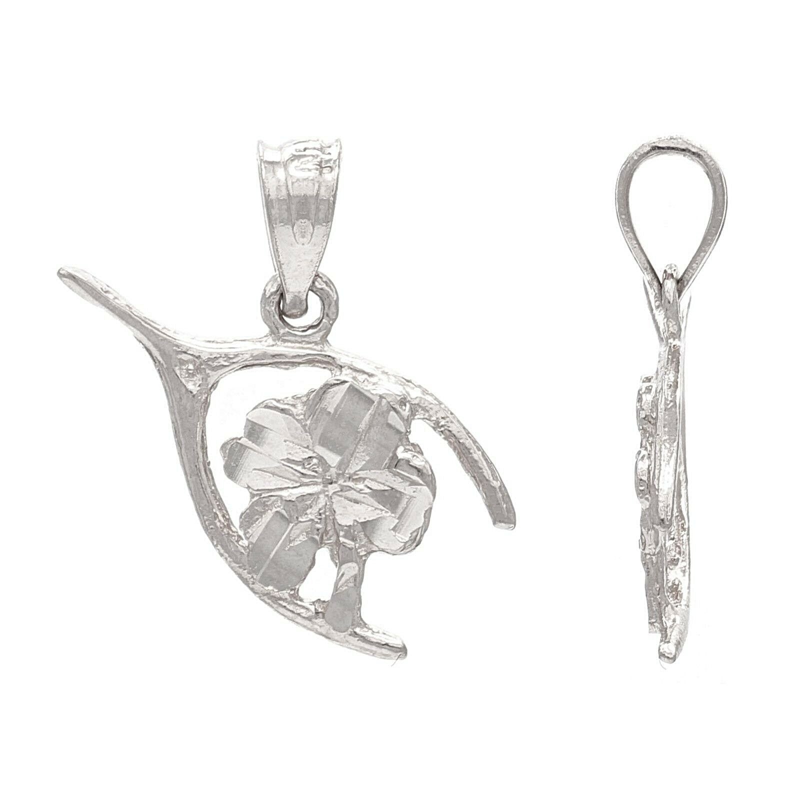 14k White Gold Four Leaf Clover Lucky Wish Bone Charm Pendant 0.9 gram