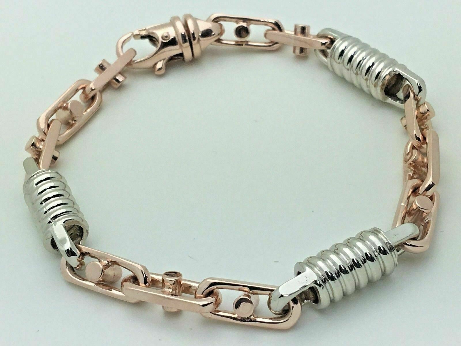 14k White & Rose Gold Handmade Fashion Link Bracelet 8" 7mm 28.5 grams