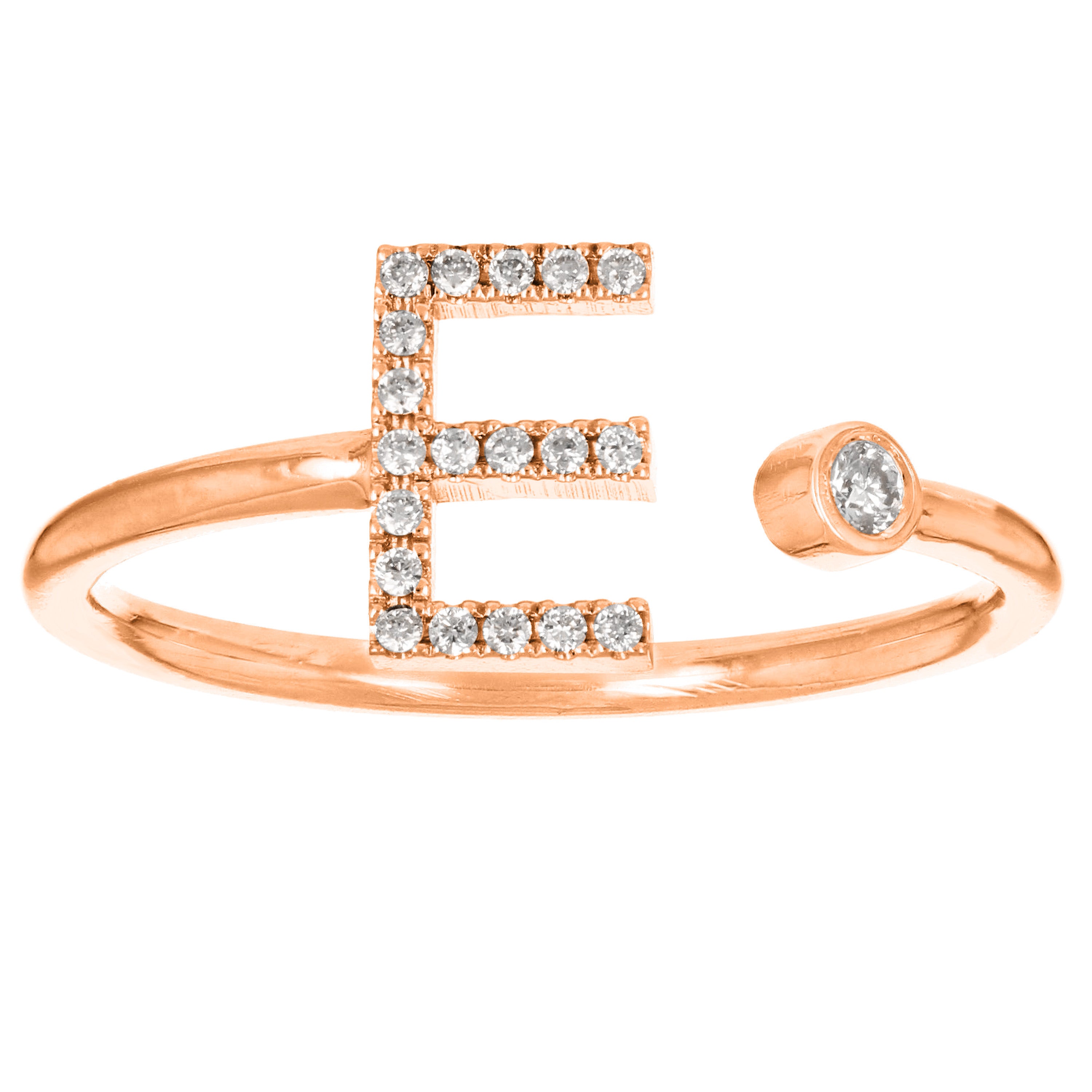14k Rose Gold Diamond Initial Letter E Ring Size 6 - Letter E,Rose