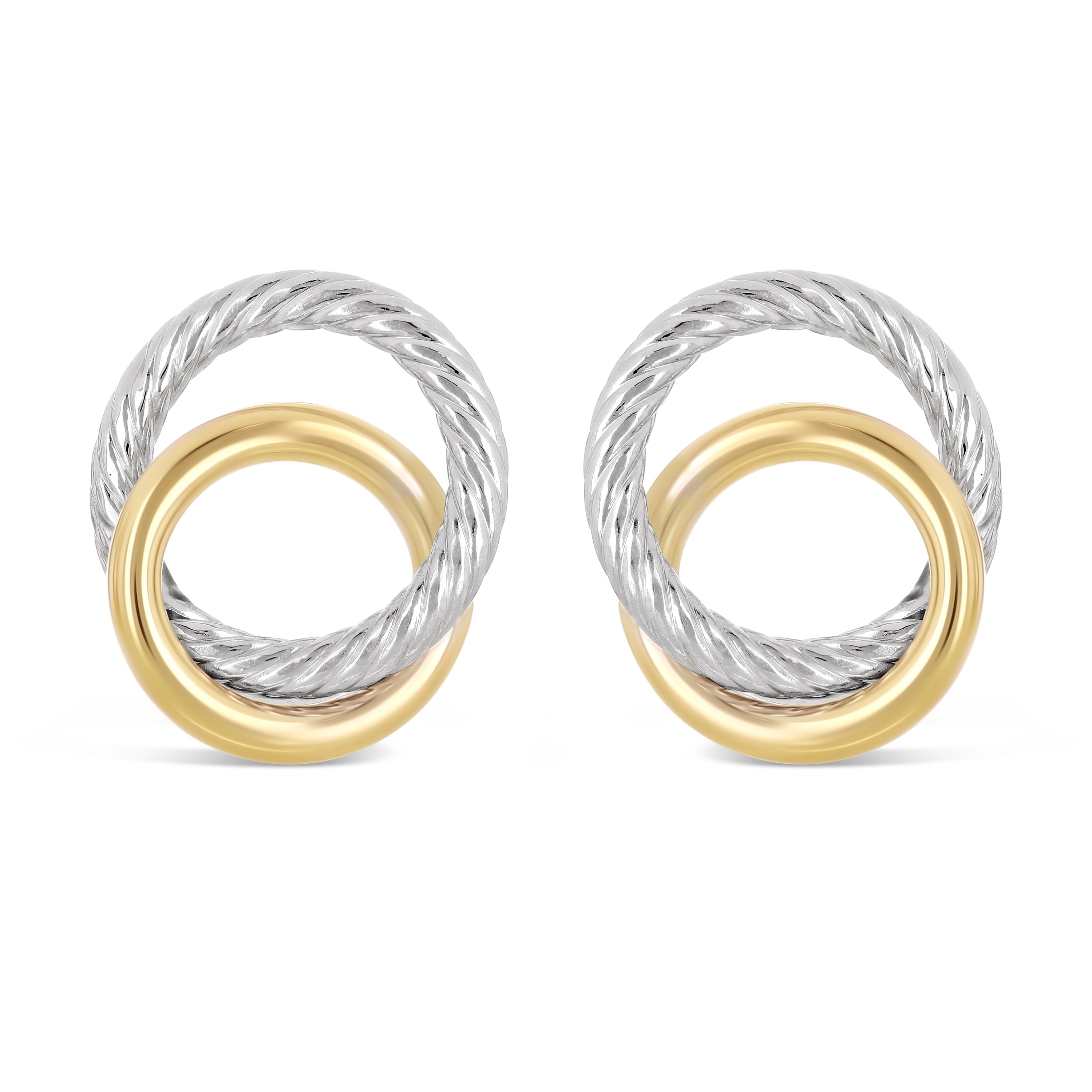 Italian 14k Yellow & White Gold Small Double Shiny Eternity Circle Stud Earrings - Double Eternity