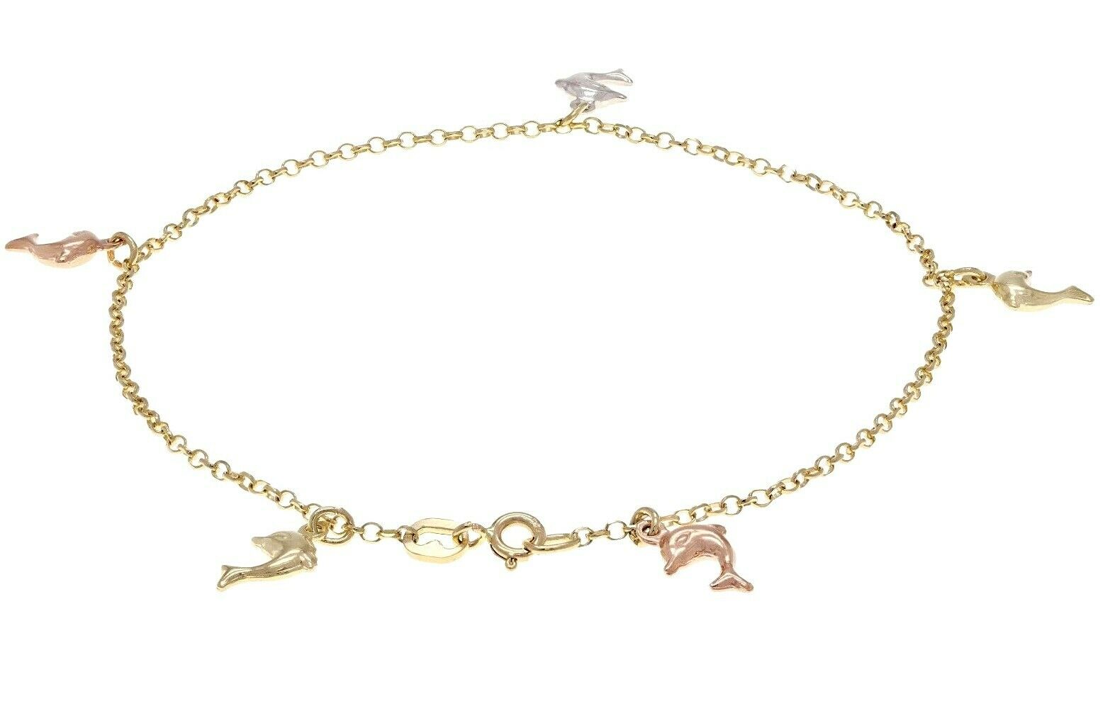 14k Tri Color Gold Dolphin Charm Anklet Bracelet 10" 1.9mm 3.7 grams