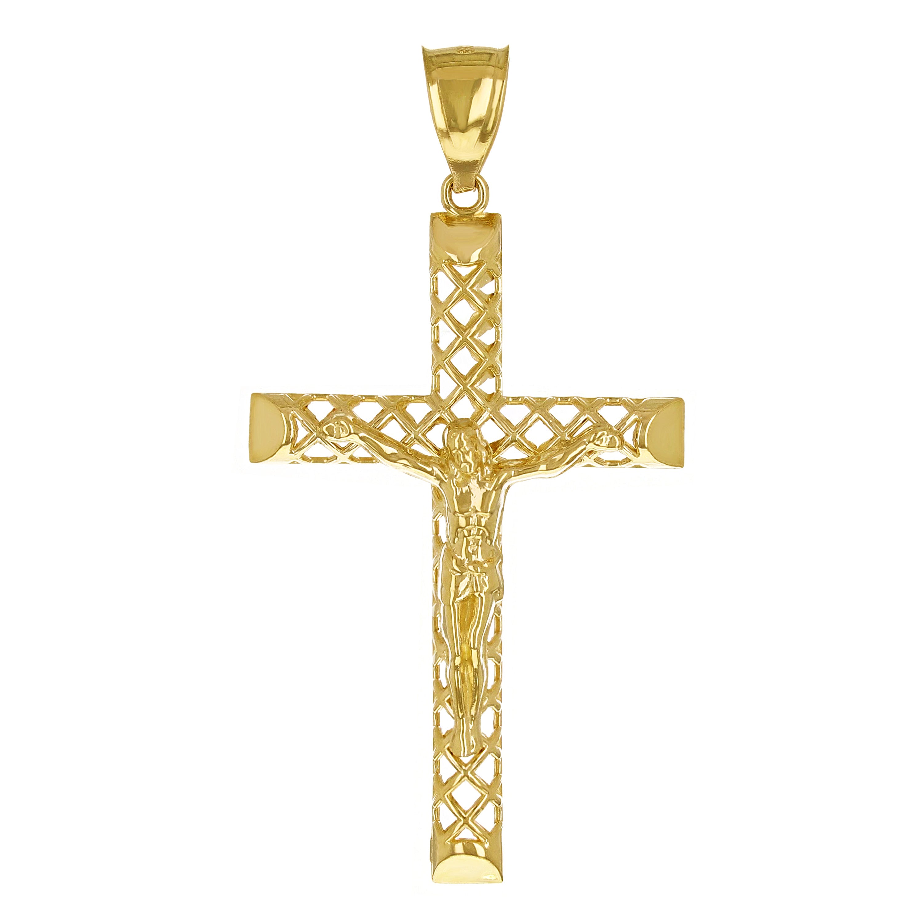 14k Yellow Gold 3D Jesus Christ Crucifix Woven Cross Pendant 2" 2.8 grams