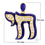 14k Yellow Gold Blue Enamel Hebrew Jewish Chai Symbol Life with Diamonds Pendant - Blue