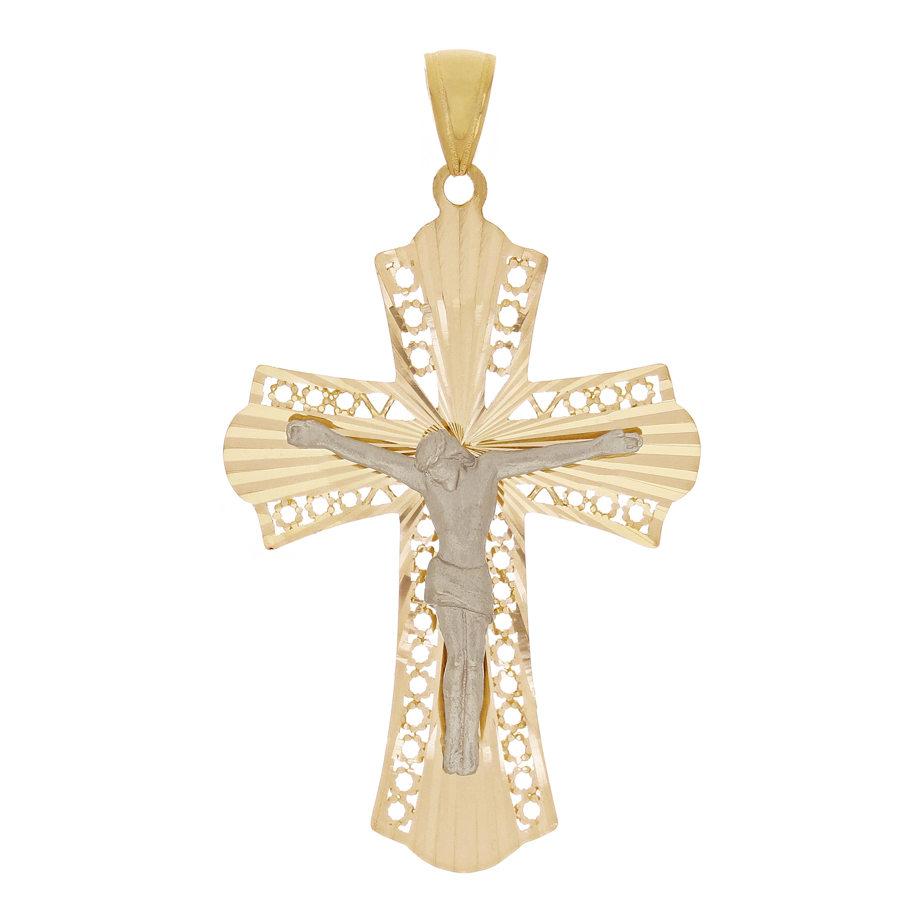 Italian 14k Two-Tone Gold Filigree Crucifix Cross Charm Pendant 1.7" 3 grams - Yellow and White