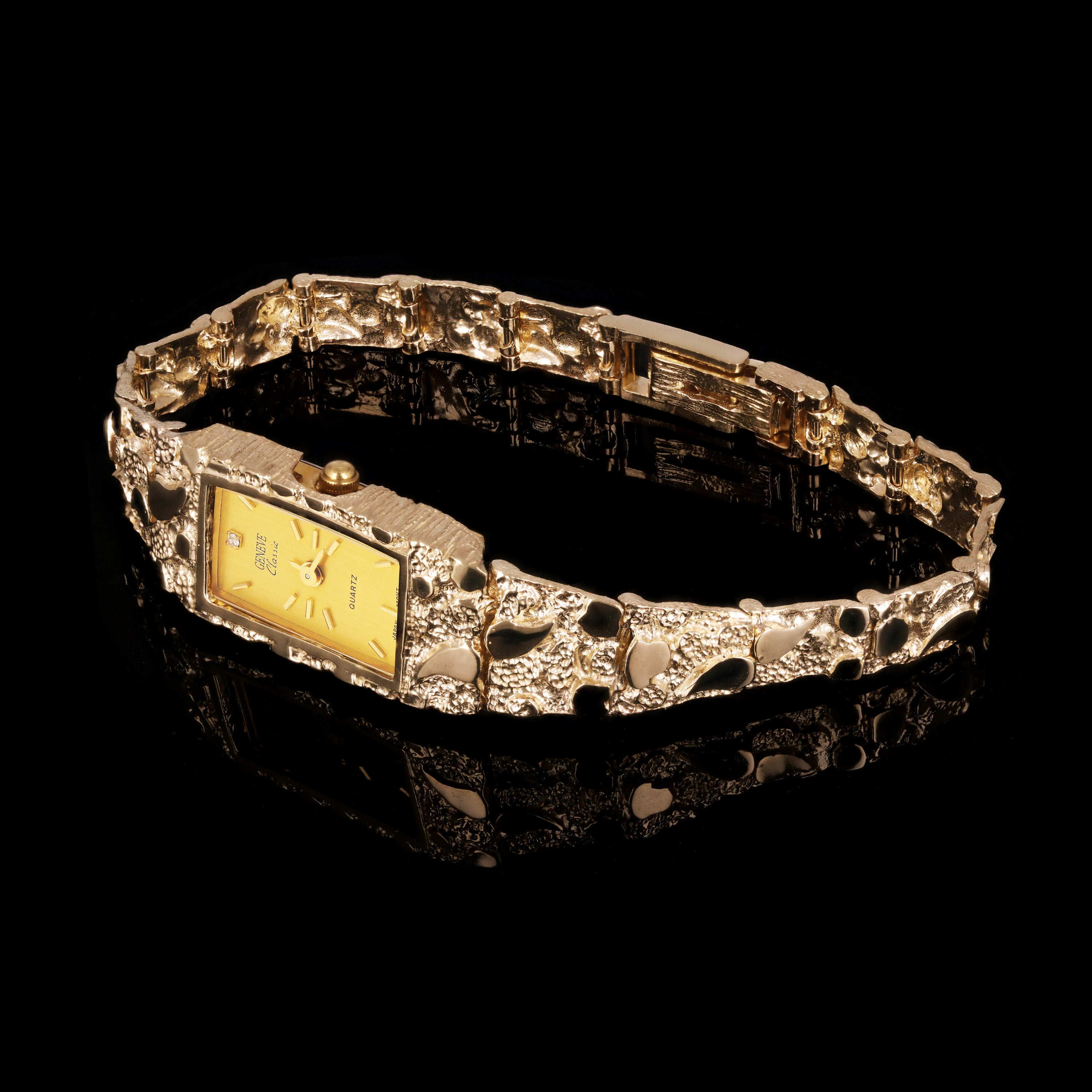 Women's 14k Yellow Gold Nugget Link Wrist Band with Geneve Diamond Watch 7.5-8"