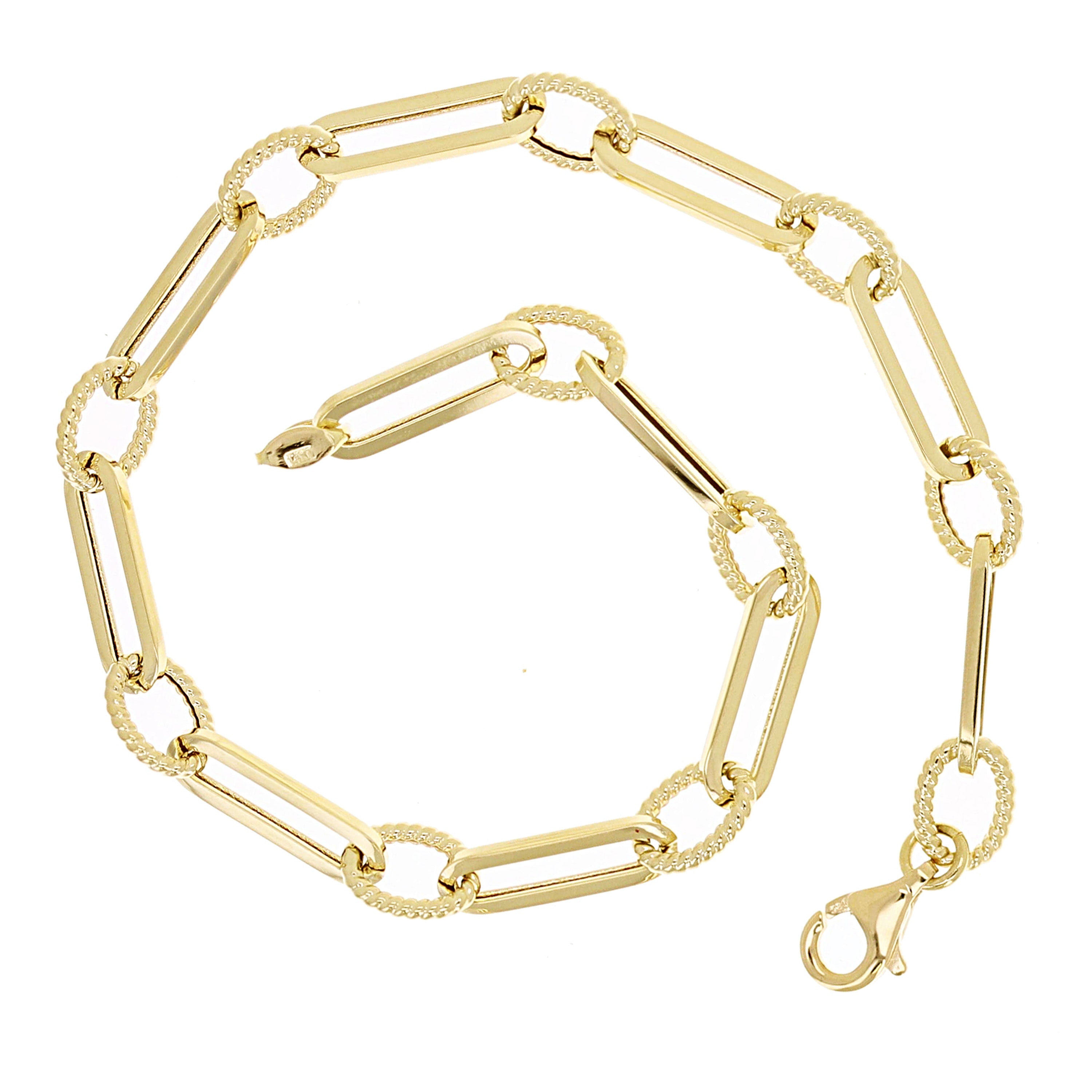 Italian 14k Yellow Gold Oval Twisted & Paper Clip Link Bracelet 7.75" 2.9 grams
