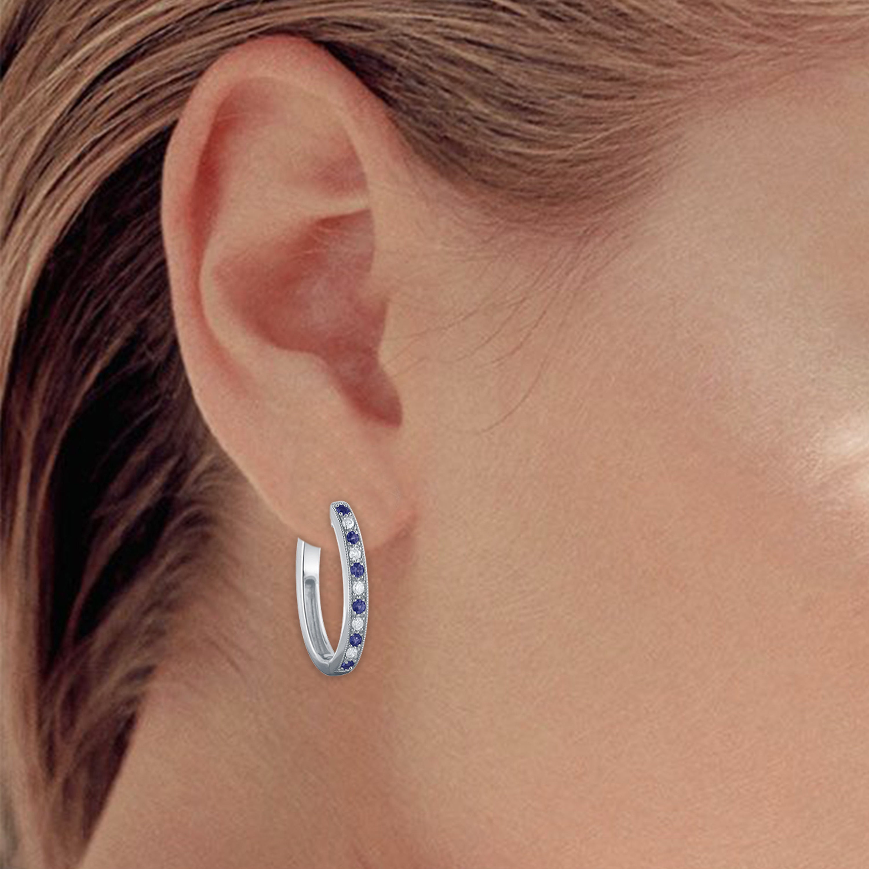 14k White Gold Diamond and Blue Sapphire Hoop Earrings