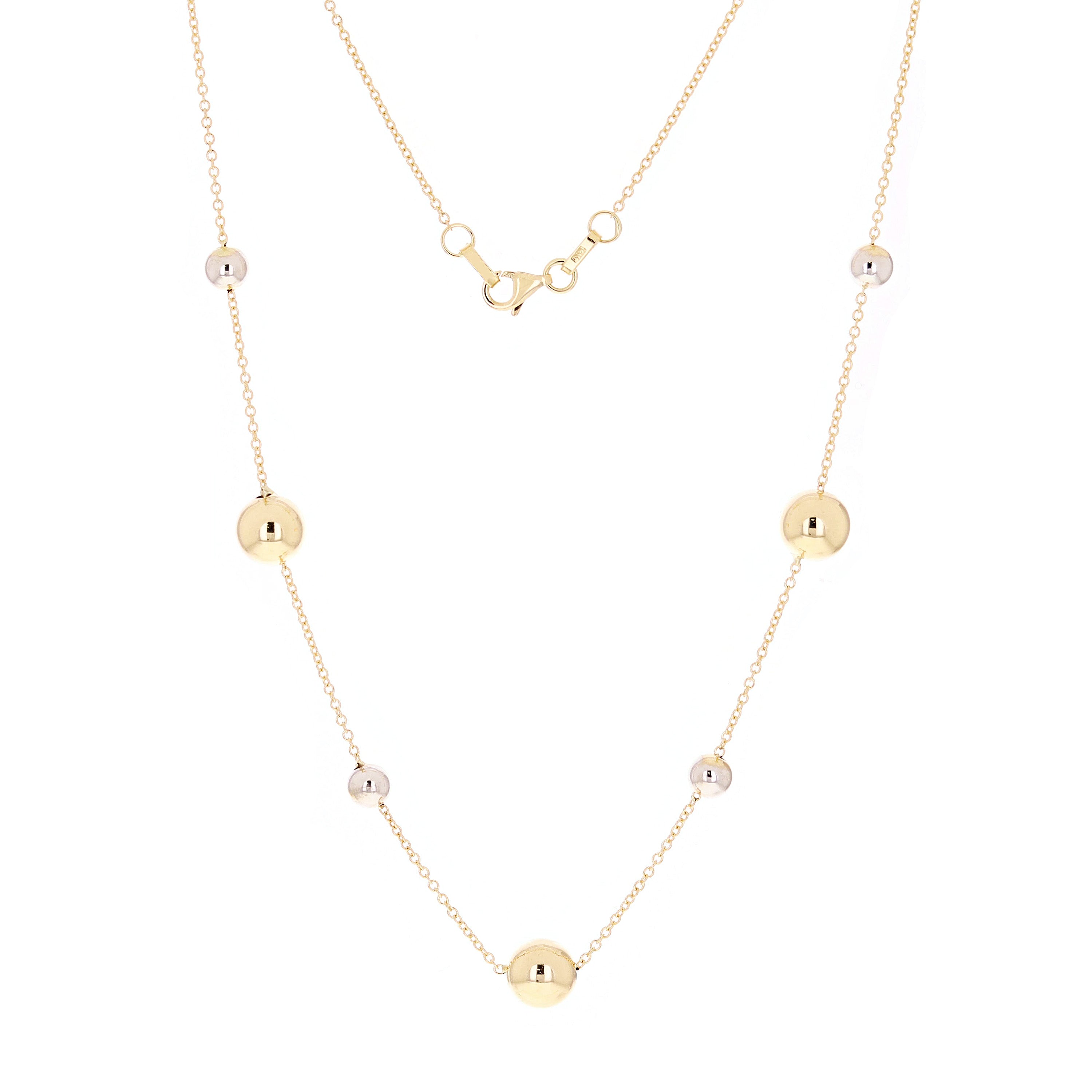 Italian 14k Yellow & White Gold Bead Station Chain Necklace 16" 8mm 3.1 grams