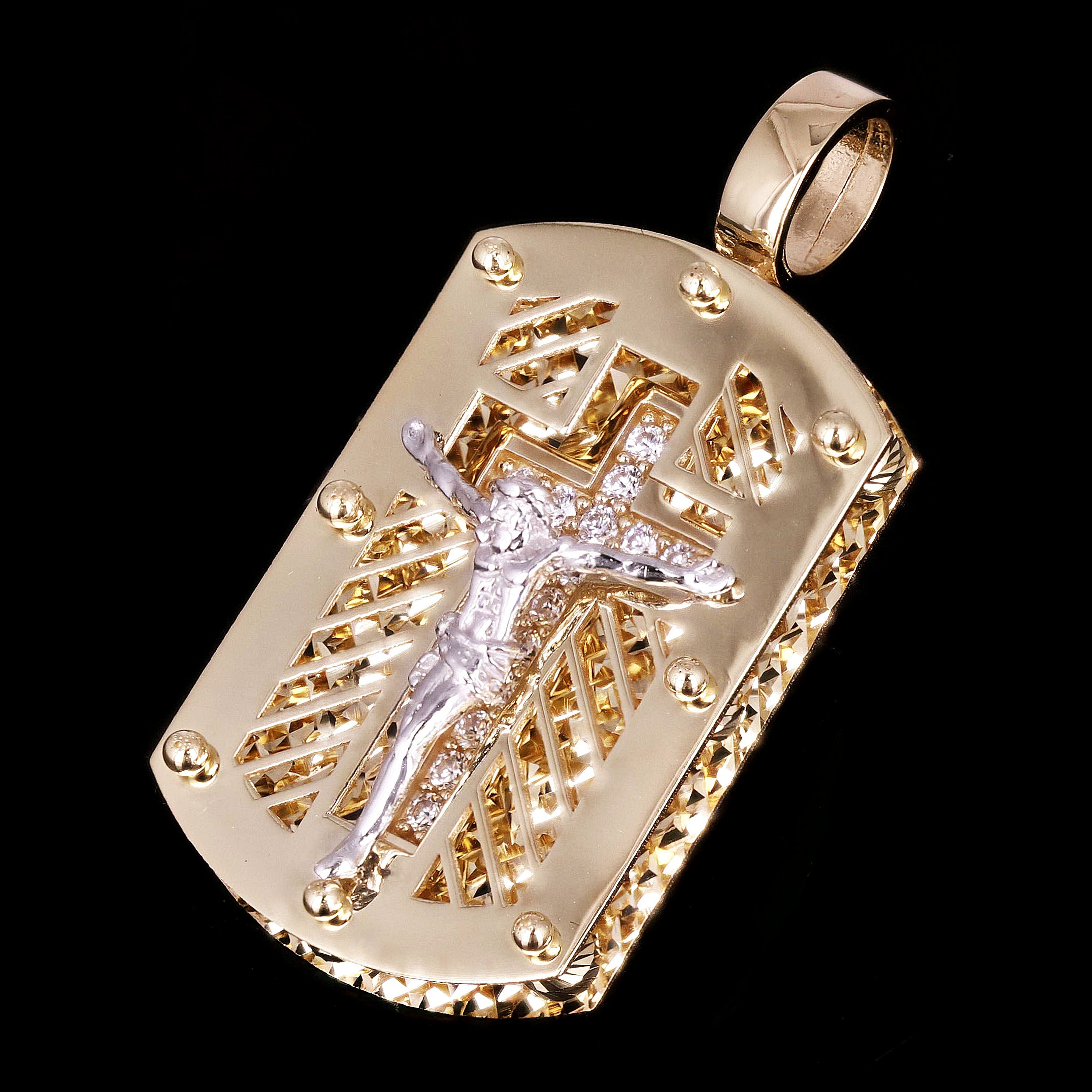 14k Yellow & White Gold 3D Crucifix Cross Pendant with Cubic Zirconia 4" 7 grams