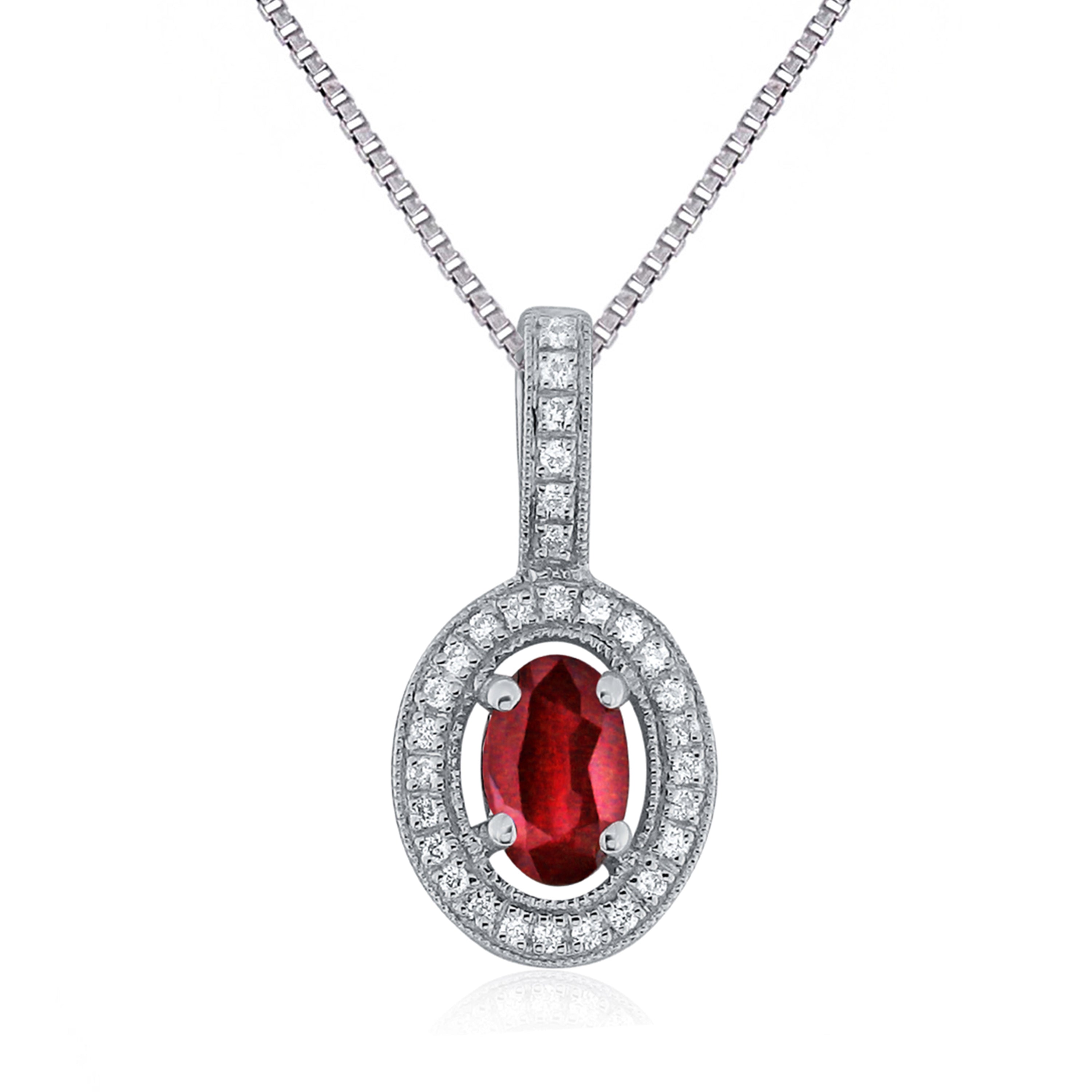 14k White Gold Oval Ruby Diamond Accent Halo Pendant Necklace 18" - Ruby