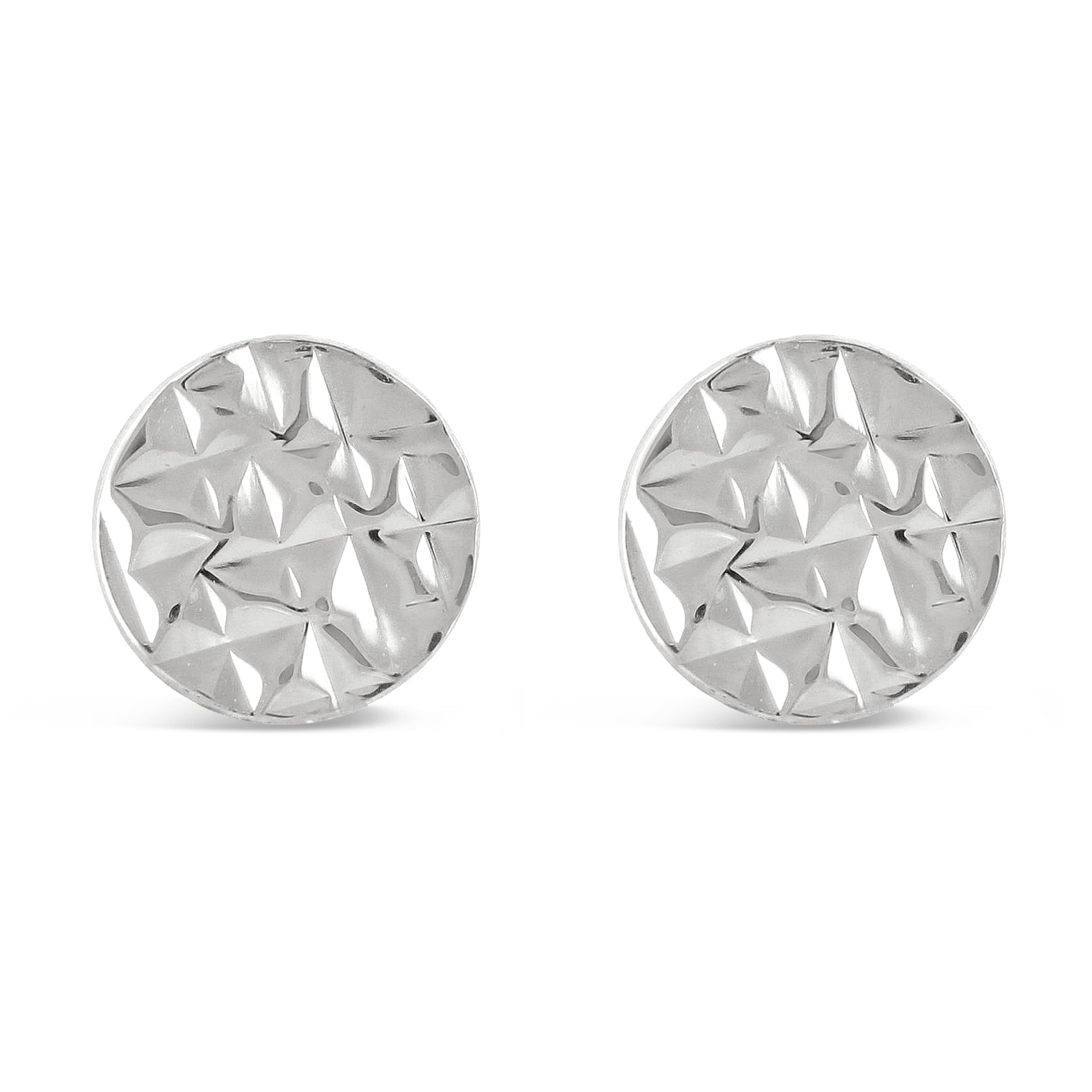 Italian 14k White Gold Round Modern Textured Thumbtack Medallion Stud Earrings - White,6 mm