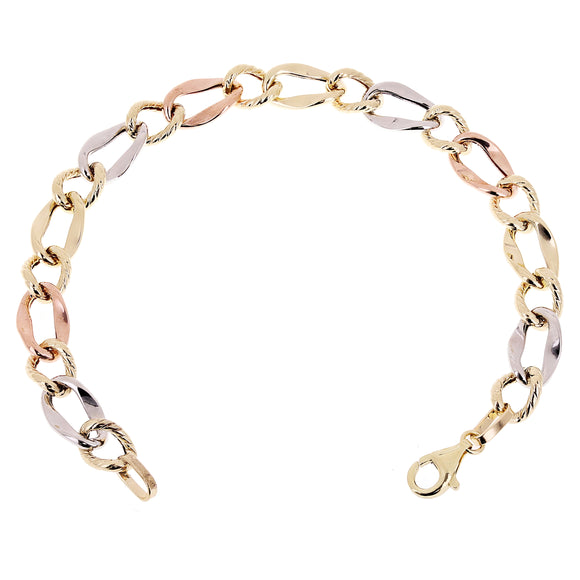 Italian 14k Tri Color Gold Hollow Twisted Oval Link  Bracelet 7.5