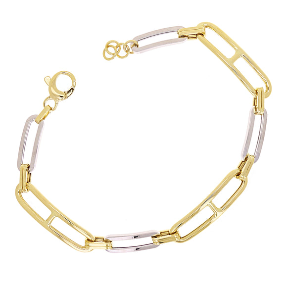 Italian 14k Yellow & White Gold Paper Clip Link Chain Bracelet 7.5