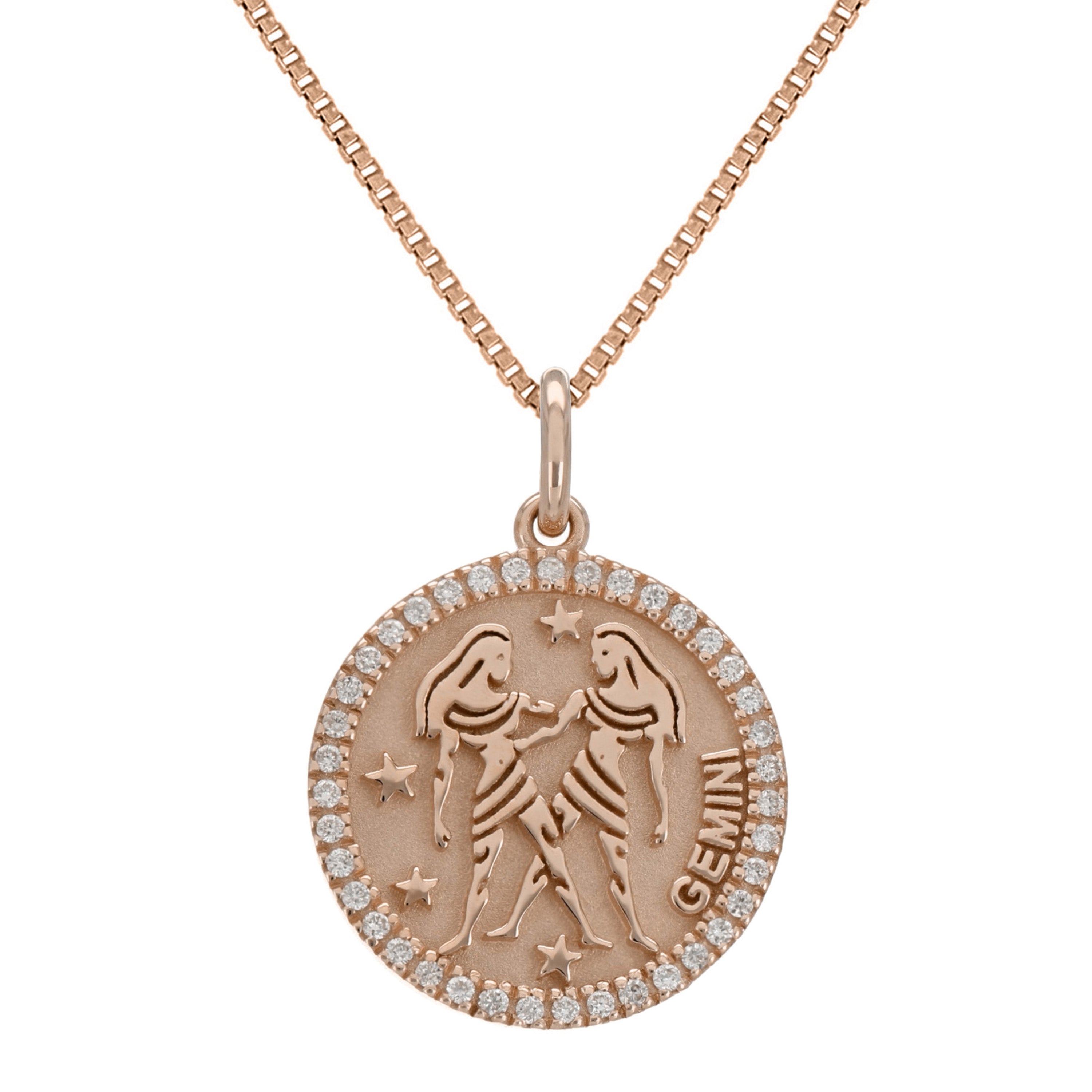 14k Rose Gold  Diamond Zodiac Sign Gemini Pendant Necklace 18" - Gemini,Rose