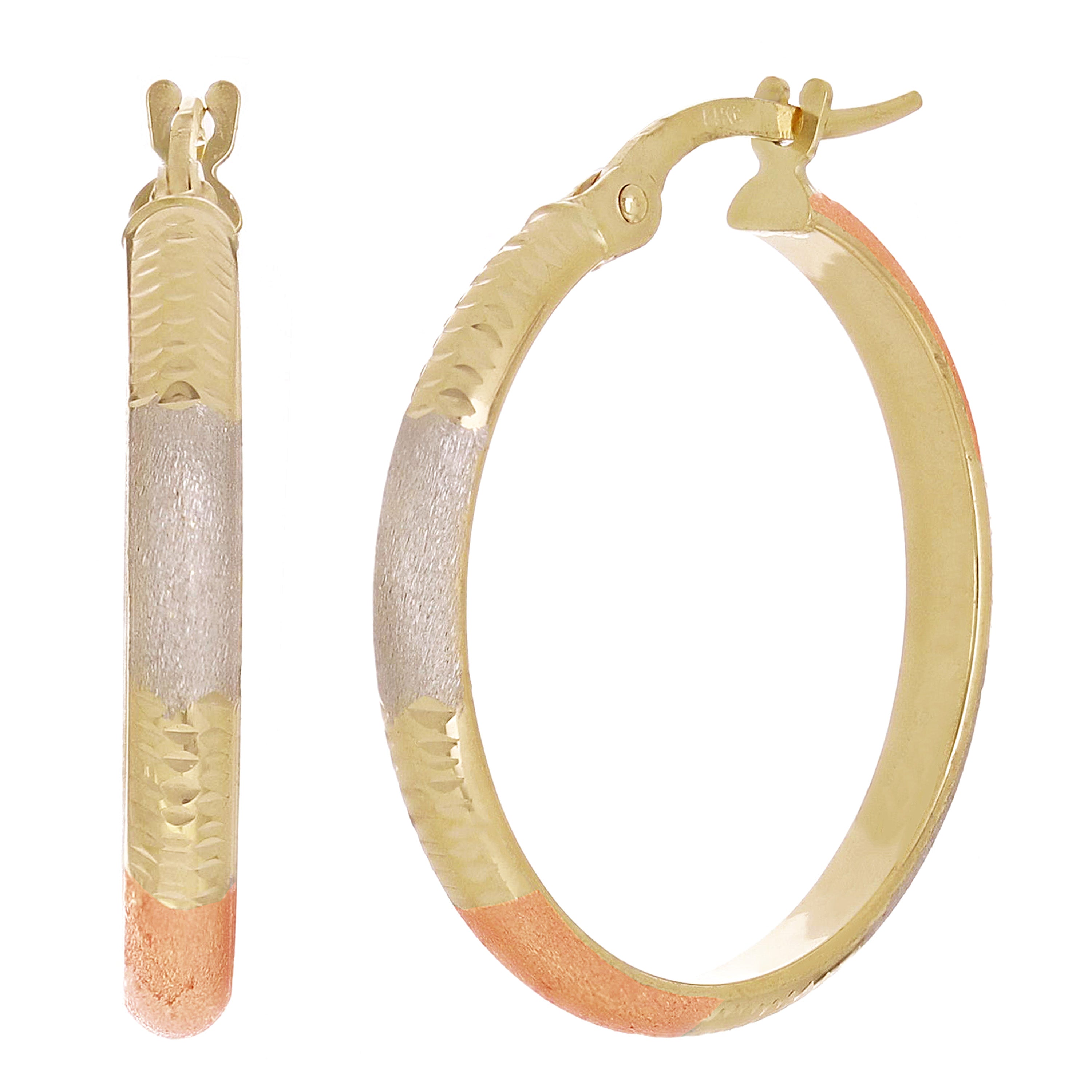 Italian 14k Tri-Color Gold Satin & Diamond Cut Hoop Earrings 1" 3mm 1.4 grams