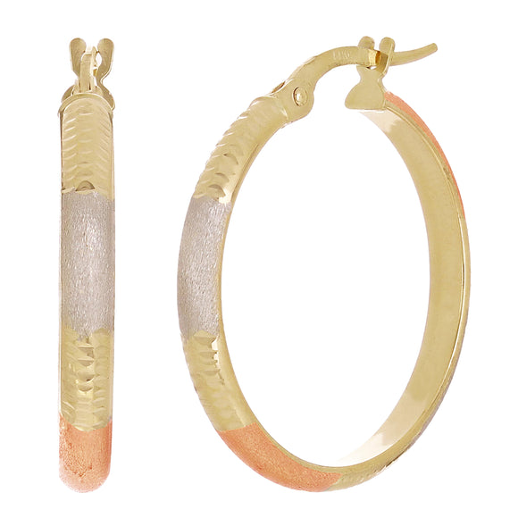 Italian 14k Tri-Color Gold Satin & Diamond Cut Hoop Earrings 1