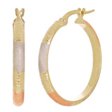 Italian 14k Tri-Color Gold Satin & Diamond Cut Hoop Earrings 1" 3mm 1.4 grams
