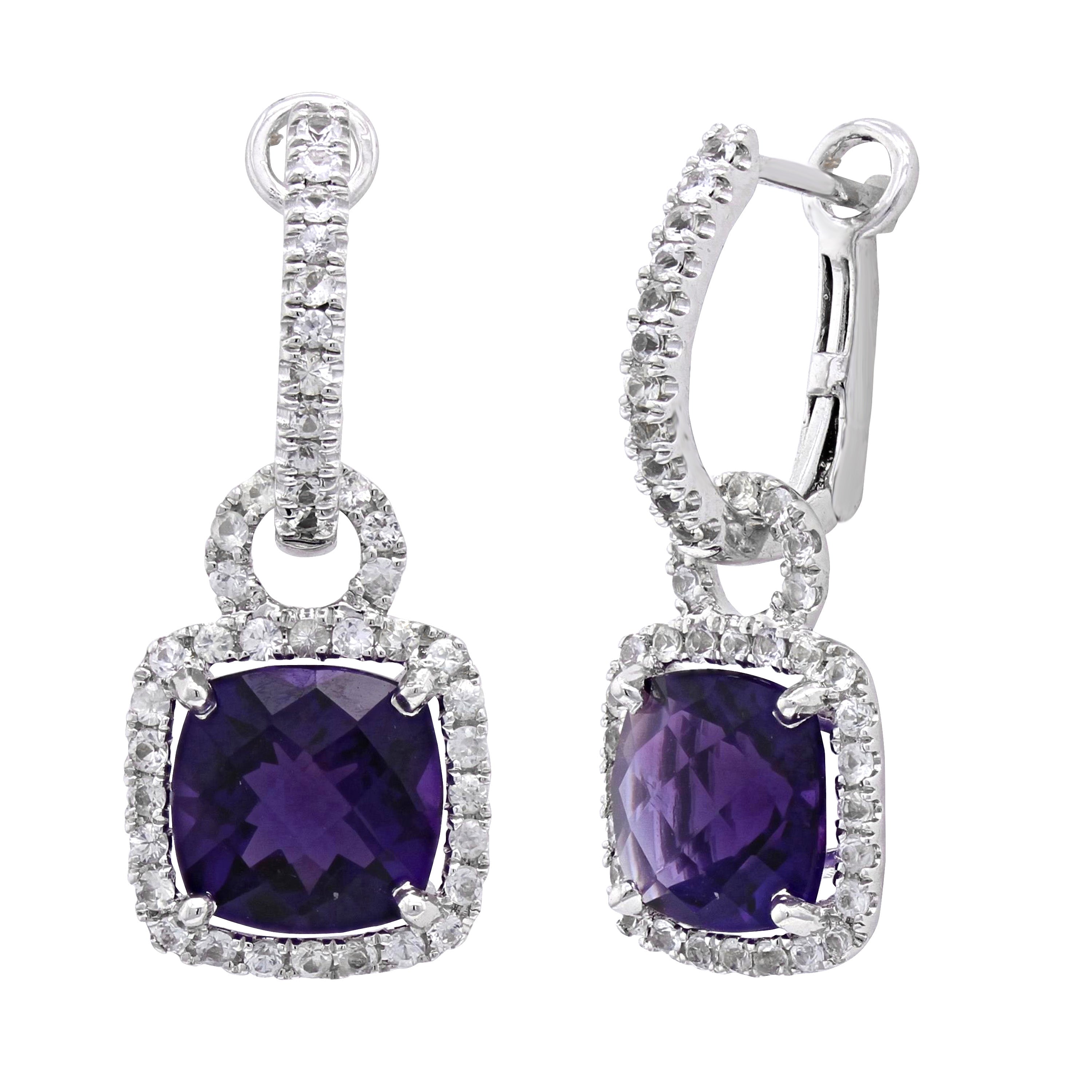 925 Sterling Silver Amethyst Cushion-Shaped Halo Sapphire Convertible Drop Earrings