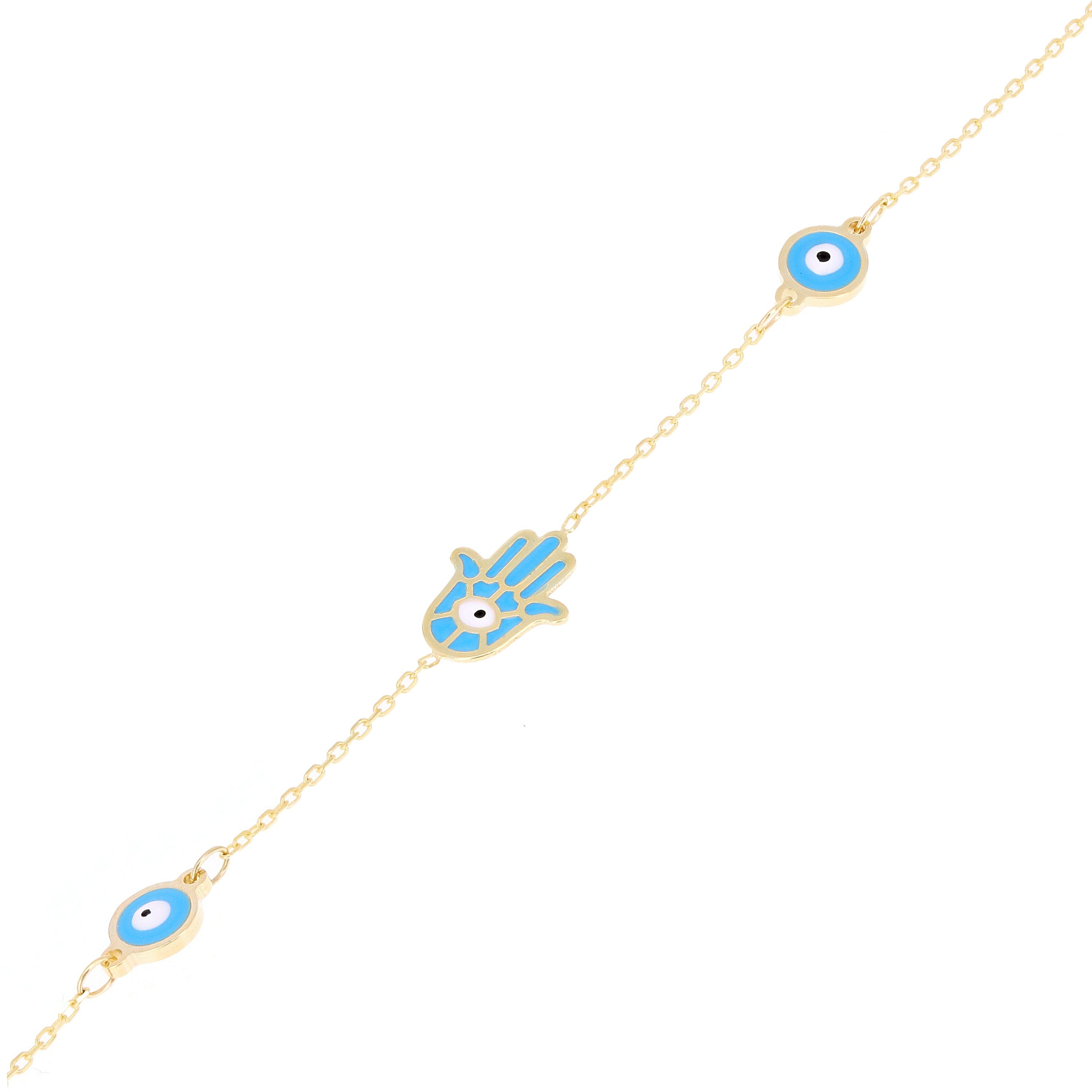 Italian 14k Yellow Gold Enamel Hamsa & Evil Eye Station Bracelet 7.5" 1.5 grams