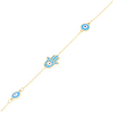 Italian 14k Yellow Gold Enamel Hamsa & Evil Eye Station Bracelet 7.5" 1.5 grams