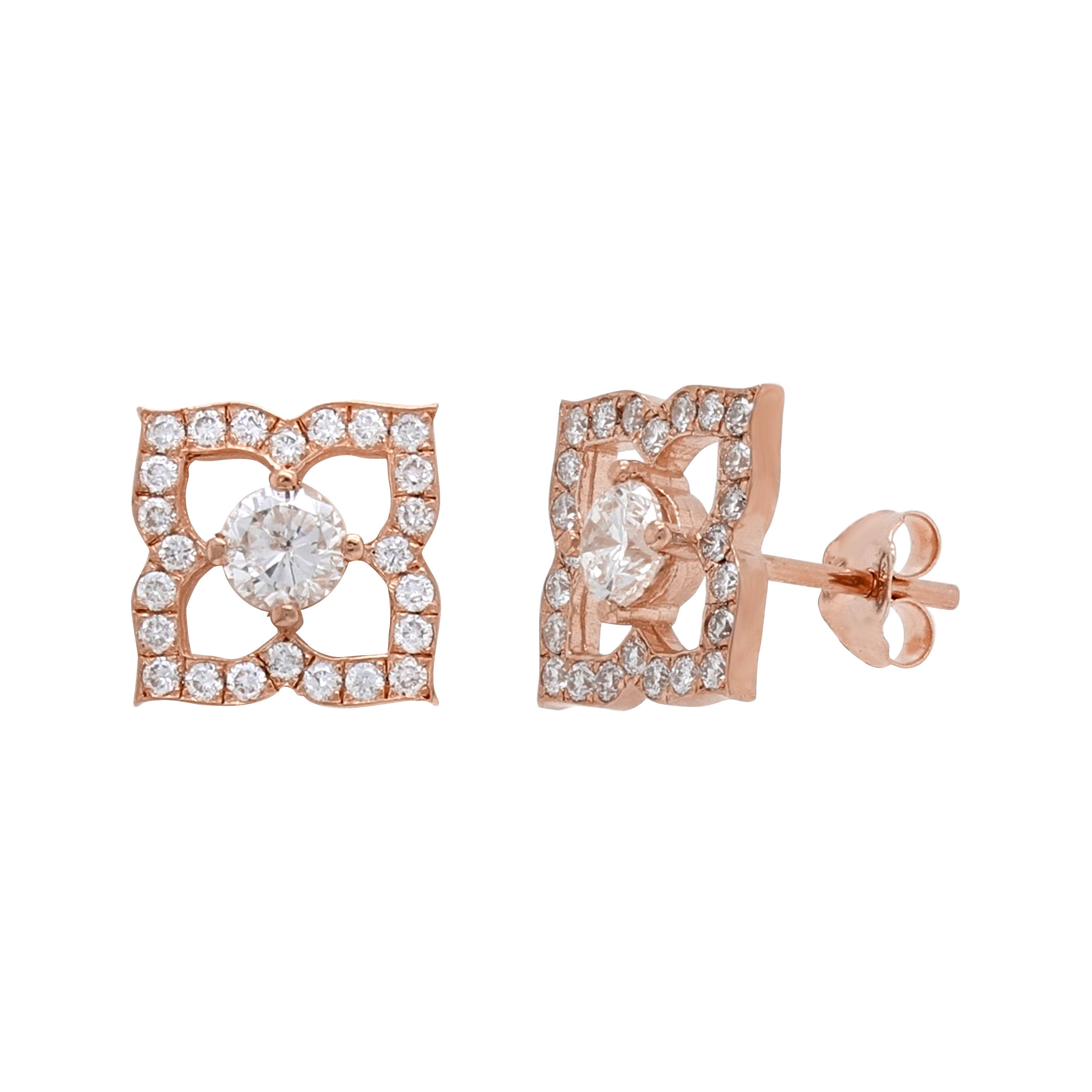 14k Rose Gold 1ctw Diamond Solitaire Blooming Flower Stud Earrings - Rose