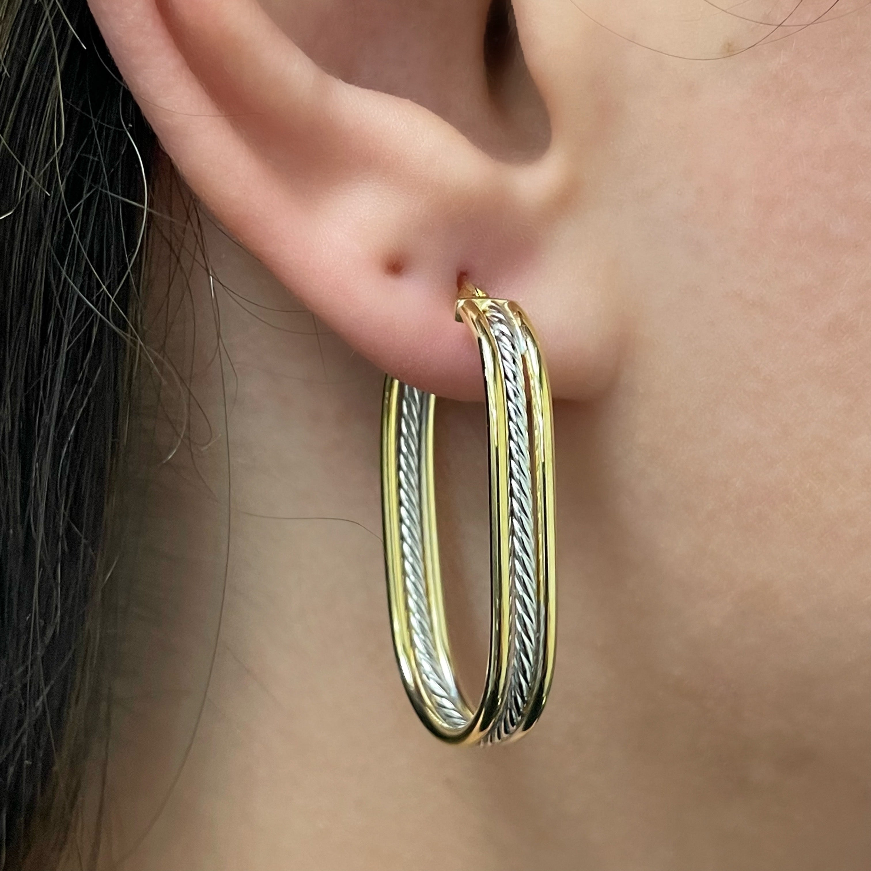 Italian 14k Yellow & White Gold  Oval U-Shaped Hoop Earrings 1.4" 5mm 2.9 grams