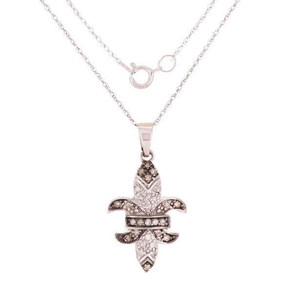 14k White Gold 0.17ctw Champagne & White Diamond Fleur des lis Pendant Necklace