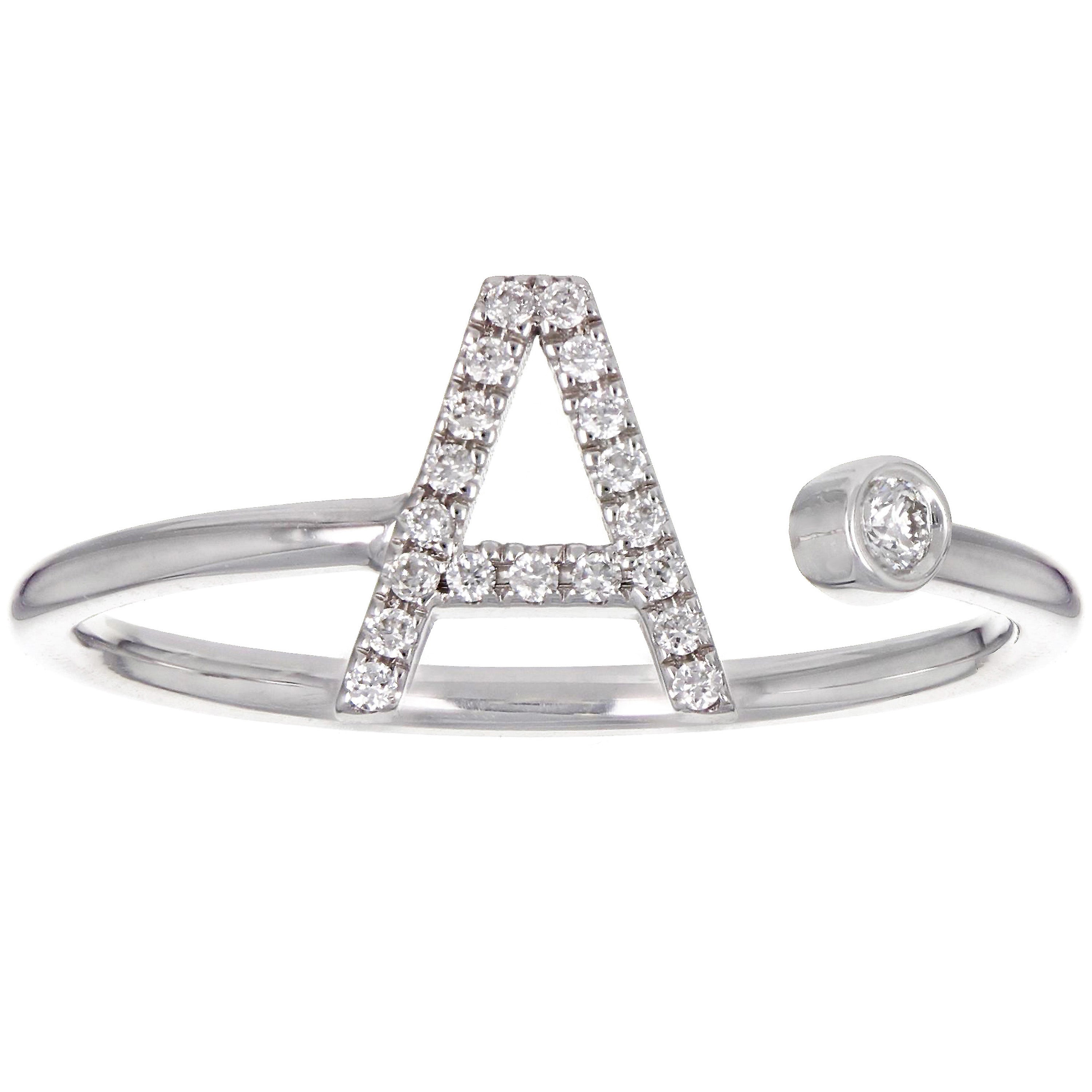 14k White Gold Diamond Initial Letter A Ring Size 6 - Letter A,White