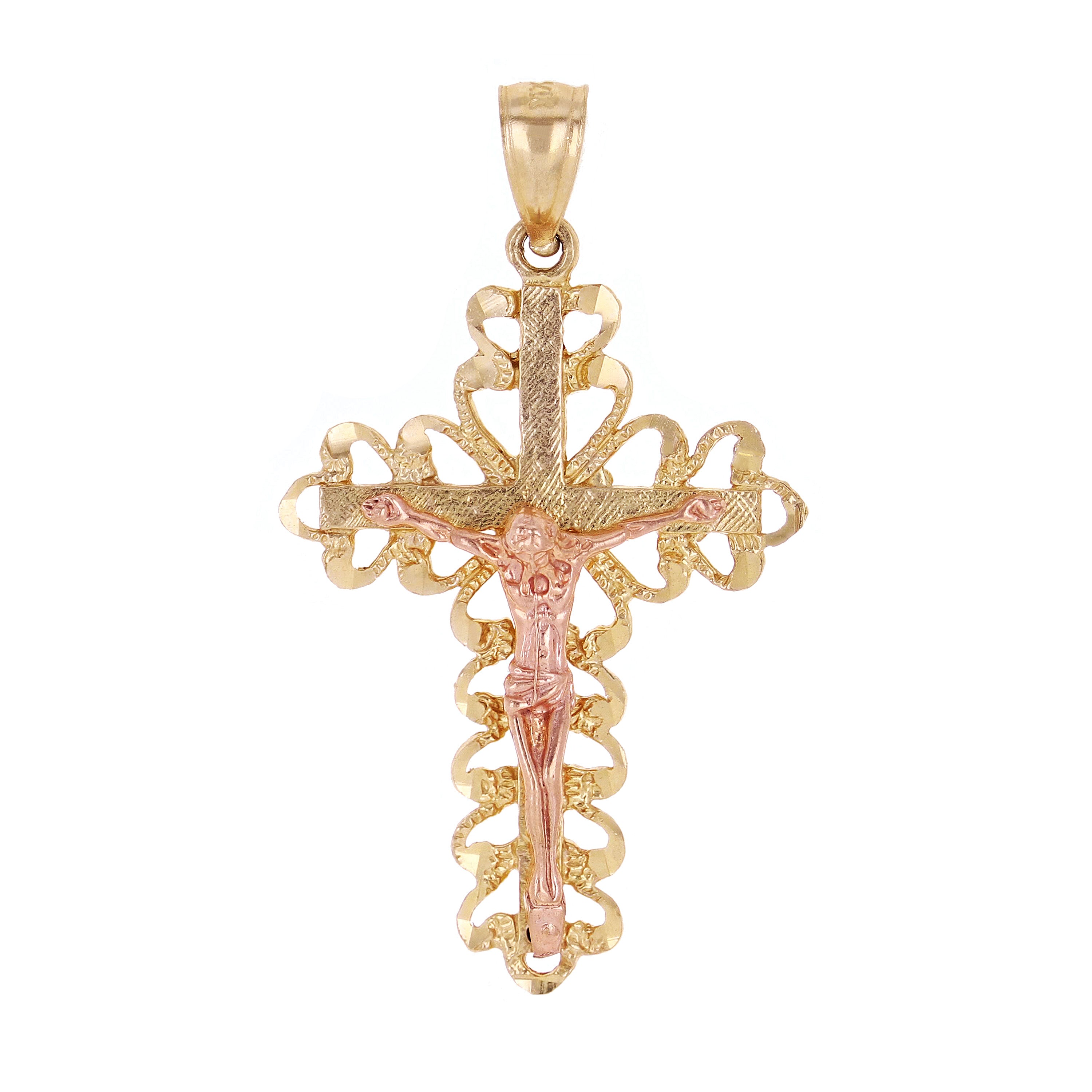 14k Yellow & Rose Gold Filigree Crucifix Cross Charm Pendant 1.4" 2.3 grams