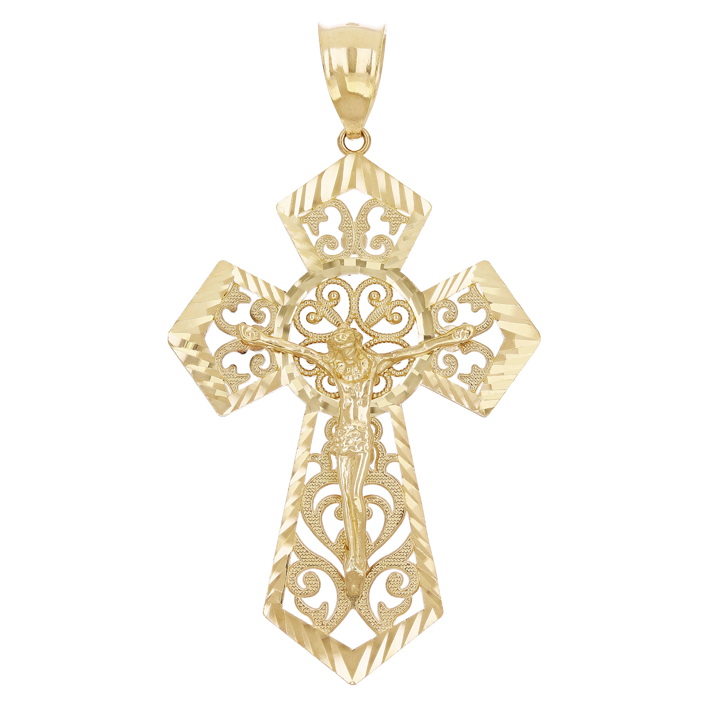 14k Yellow Gold Diamond-Cut Ornate Gothic Crucifix Cross Pendant 2.4" 6.6 grams