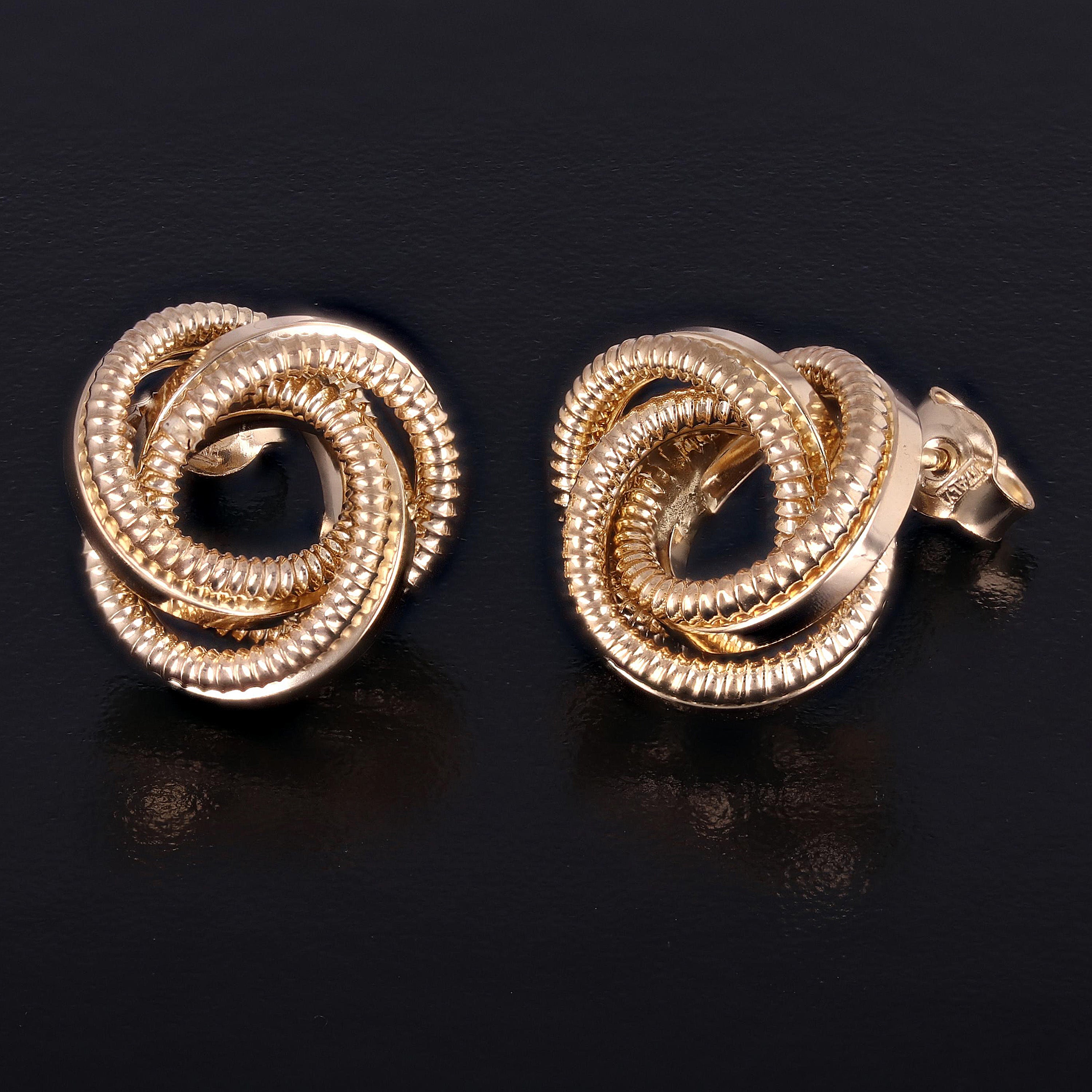 Italian 14k Yellow Gold Triple Love Knot Eternity Circle Rope Stud Earrings - Triple Textured